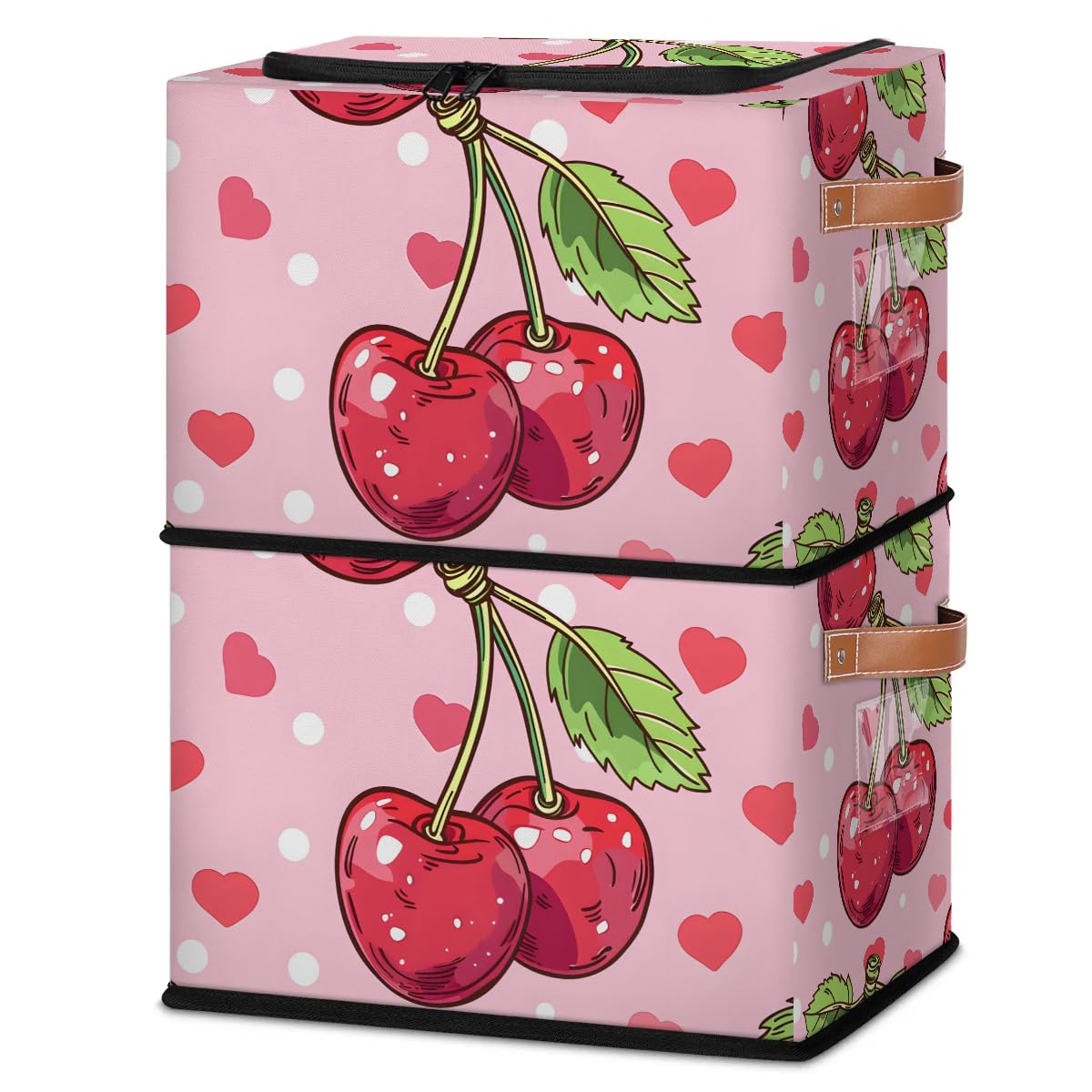 2-Pack Stackable Cherry Heart Storage Bins with Zipper Lid & Metal Frame - PU Handled Closet Organizer Cubes for Clothes, Toys, or Seasonal Items | Perfect for Bedroom, Closet & Nursery Organization