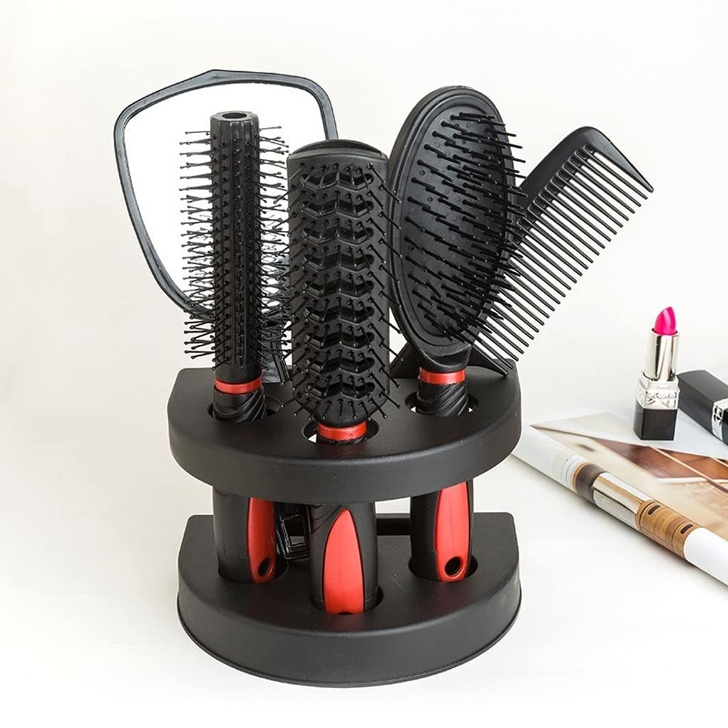 5 Pcs Salon Styling Set - Travel Makeup Brush Kit for Women with Holder, Anti-Static Combs & Mirror - Portable Hair Care Tools for Home & Salon Use | Perfect for Travel, Daily Styling & Professional Makeup