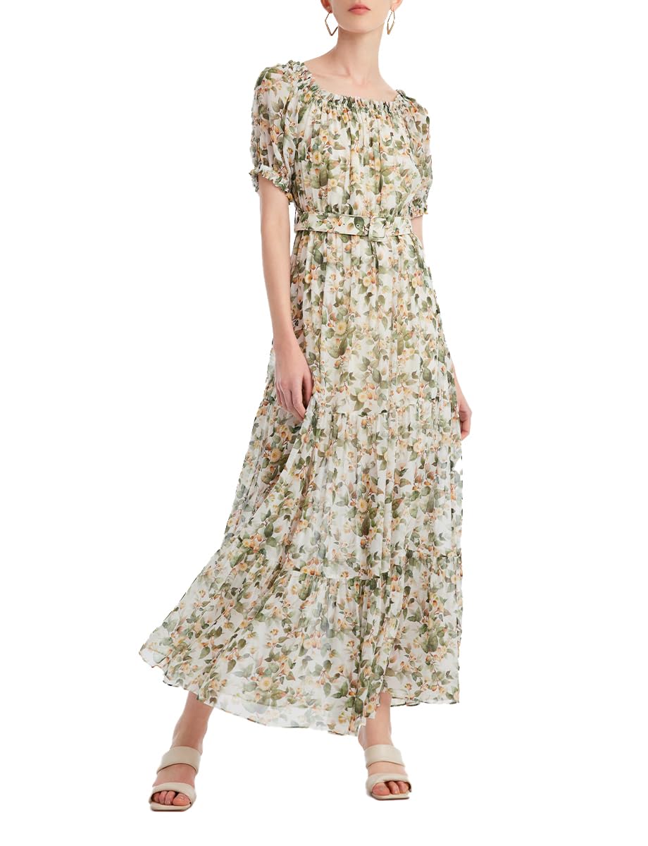 Women's 2024 Spring Green Floral Silk Maxi Dress with Puff Sleeves & Belt - 100% Pure Silk Tiered Flowy Dress for Beach Wedding Guest, Garden Party & Summer Vacation