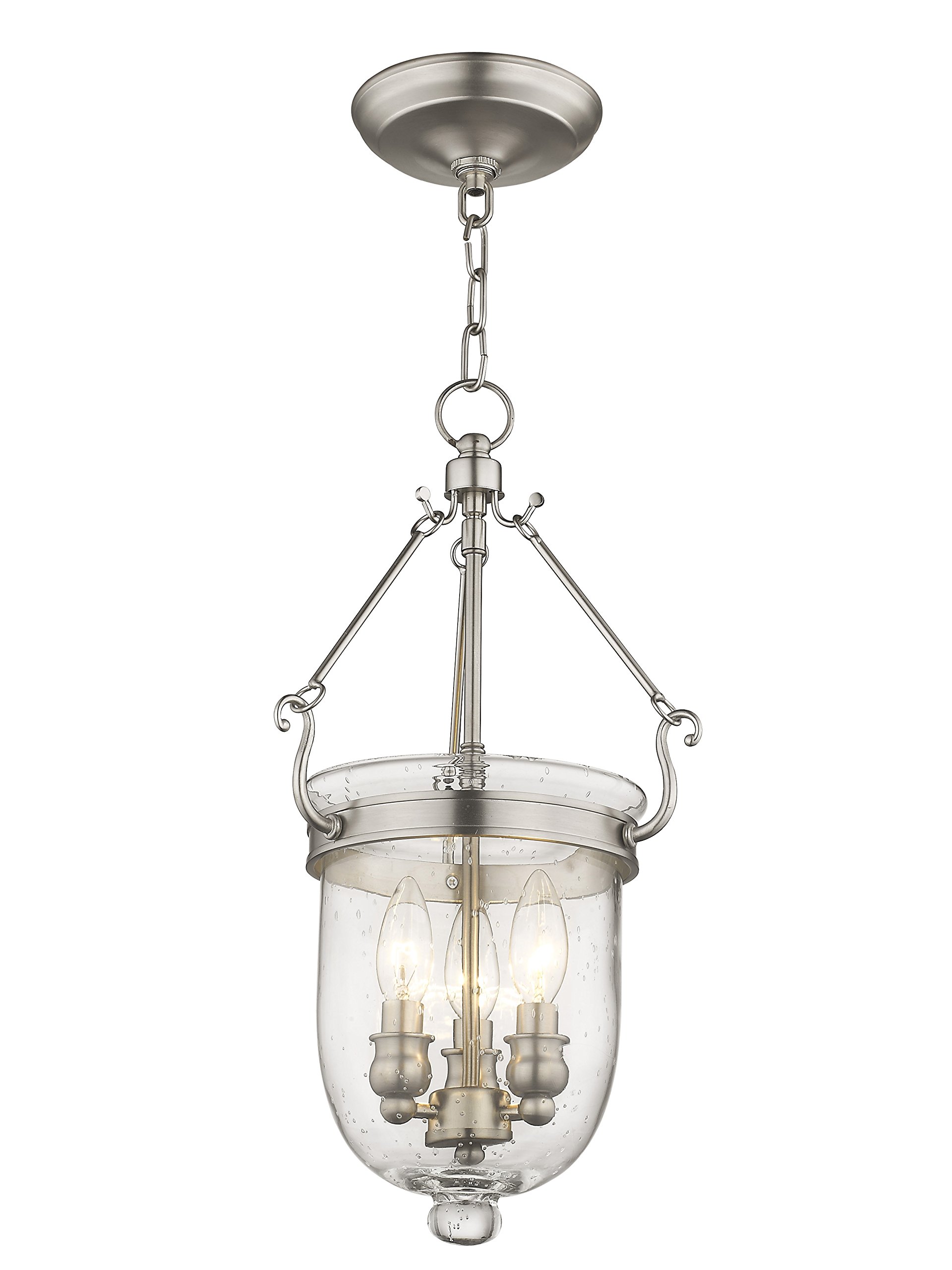 Livex Lighting 5083-91 Jefferson 3-Light Brushed Nickel Hanging Lantern with Seeded Glass Bell Jar - Perfect for Dining Room, Kitchen Island, or Entryway Lighting