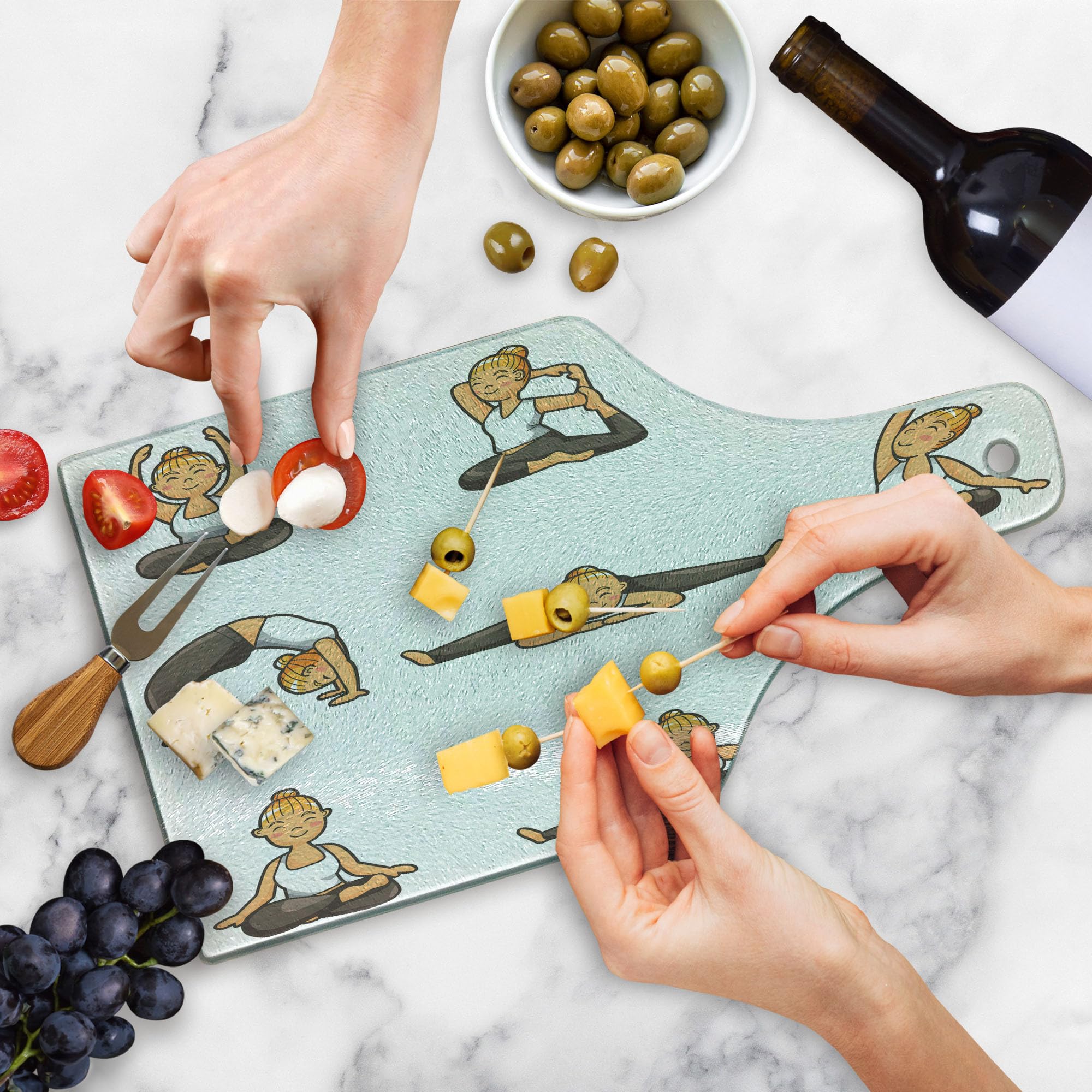 Ambesonne Sports Theme Cutting Board - Cartoon Yoga Lady Design, Tempered Glass Serving Board for Kitchen & Dining, Wine Bottle Shape in Taupe White & Dark Peach - Perfect for Entertaining, Gifts & Home Decor