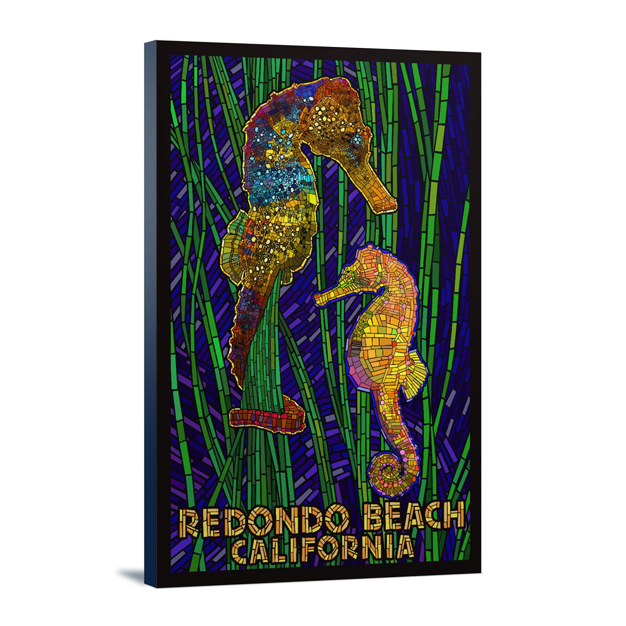 Redondo Beach California Seahorses Paper Mosaic Wall Art - 24x36 Gallery Wrapped Canvas Print - Coastal Home Decor for Living Room, Bedroom & Office