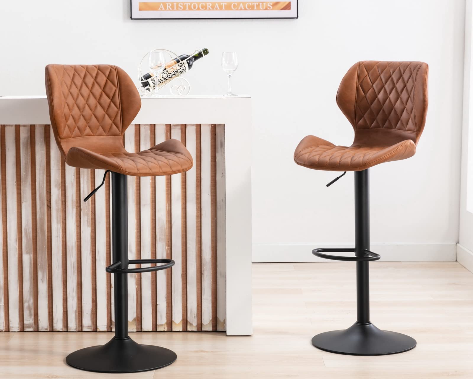 CIMOTA Swivel Adjustable Leather Bar Stools Set of 2 - Modern PU Brown Counter Height Bar Chairs with Backs (23.6