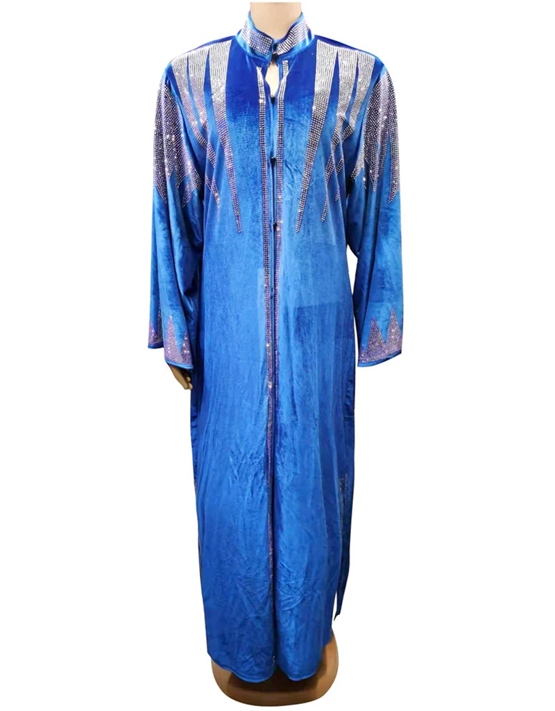 Golden Velvet Abaya with Intricate African Embroidery - Elegant Flowing Maxi Dress for Women - Perfect for Weddings, Parties, and Special Occasions