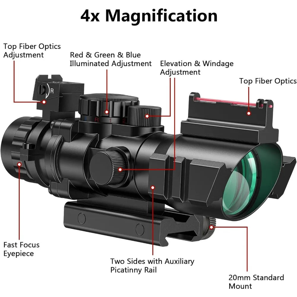 Tactical Rifle Scope with Red, Green & Blue Illuminated Reticle - 20mm Rail Mount & Fiber Optic Sight for Hunting and Shooting - Perfect for Low Light Conditions and Long Range Precision
