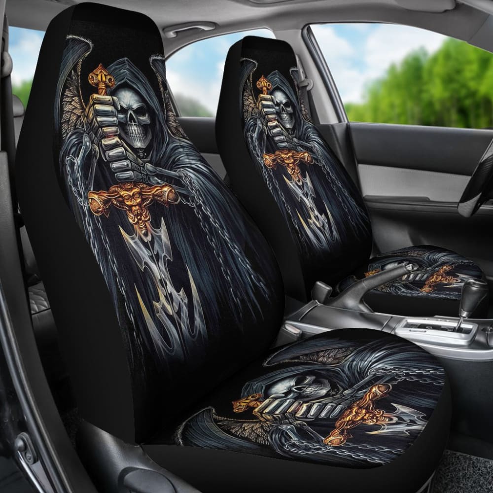 2 Pcs Gothic Skull Car Seat Covers - Universal Fit for Cars, Trucks & SUVs - Black Skull Pattern Design - Perfect for Halloween, Gothic Style & Car Enthusiasts