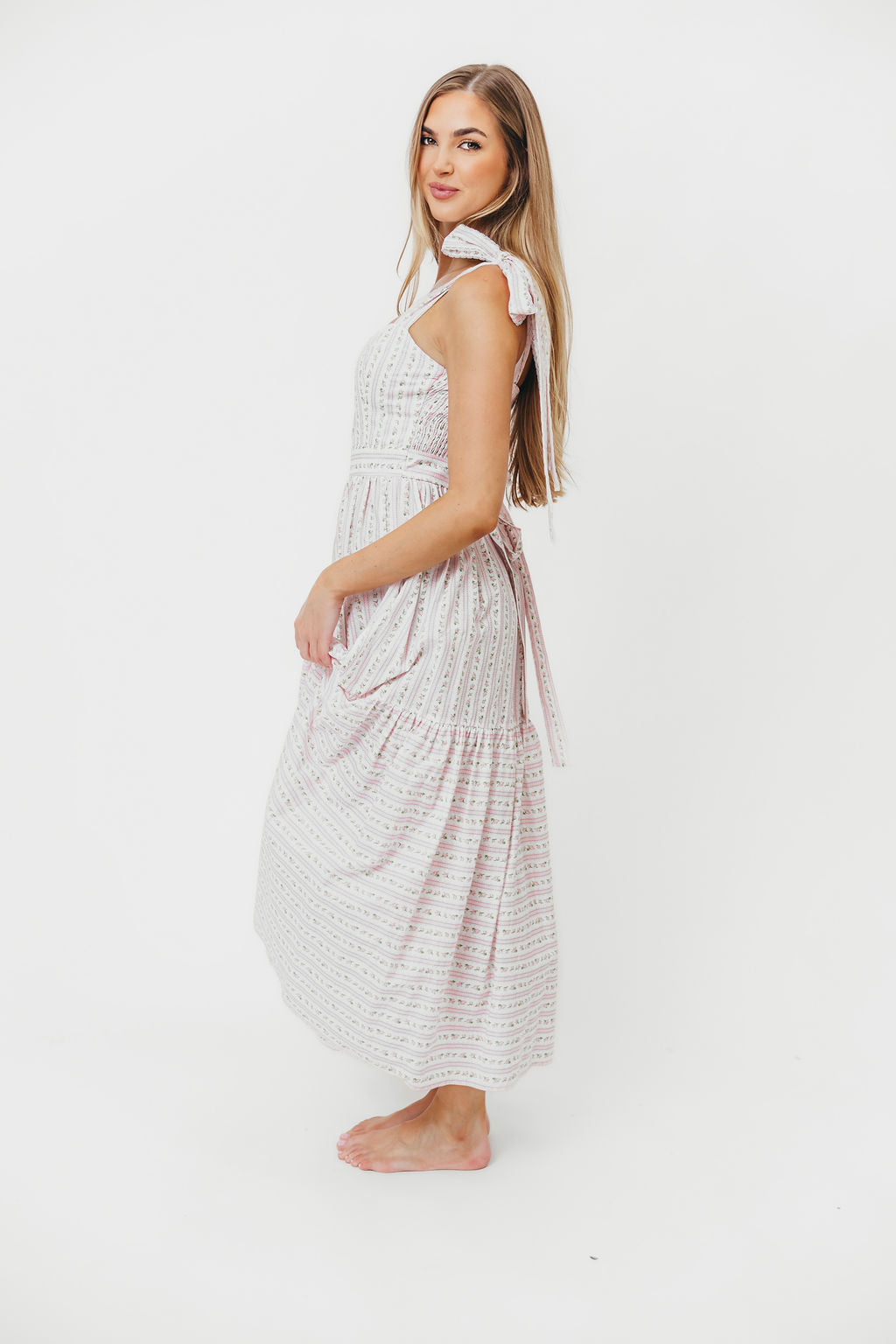 Garcelle Floral Tiered Midi Dress for Women - Pink Flowy Summer Dress with Ruffles, Perfect for Beach Vacation, Garden Party & Date Night