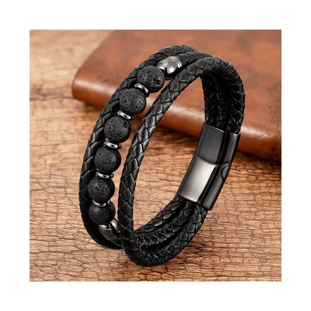 Premium Multilayer Leather & Beaded Bracelet for Men & Women - 8mm Beads, Adjustable 21cm Length, Lapis Metal Color - Perfect for Casual Wear, Gifts & Boho Fashion Accessories