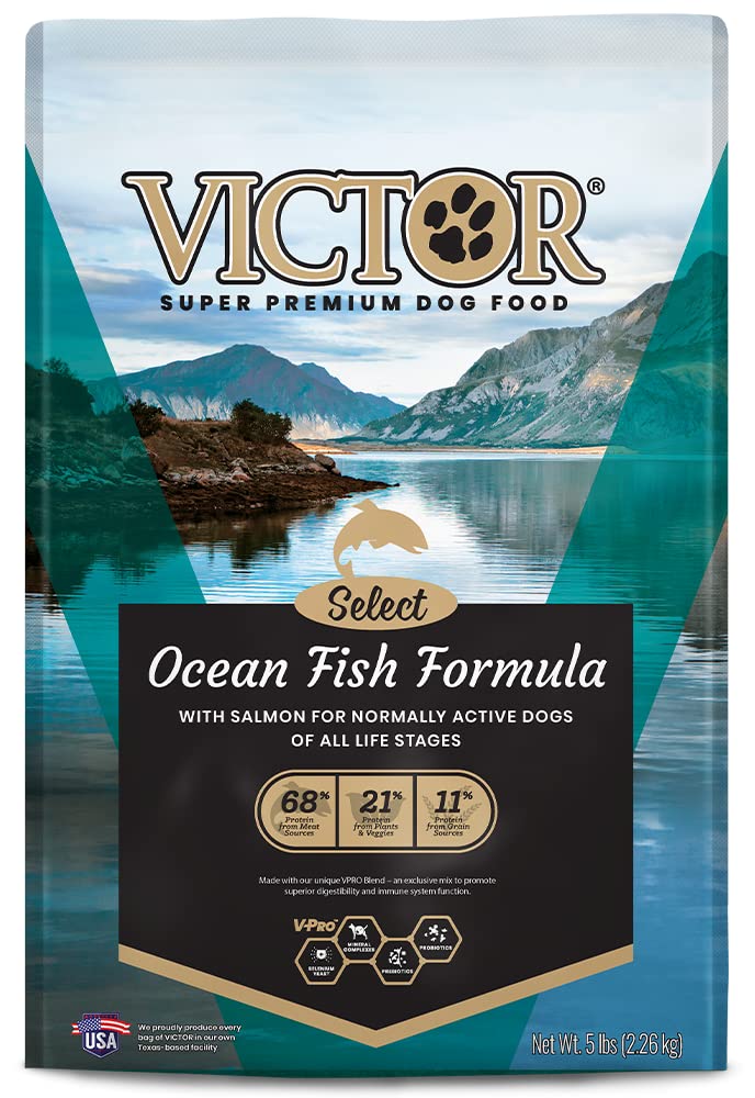 Victor Super Premium Dry Dog Food - Ocean Fish Formula, Gluten Free All Life Stages Dog Food for Active Dogs (5lb Bag) - Perfect for Adult & Senior Dogs with Sensitive Stomachs | High Protein Kibble for Daily Meals & Training Treats