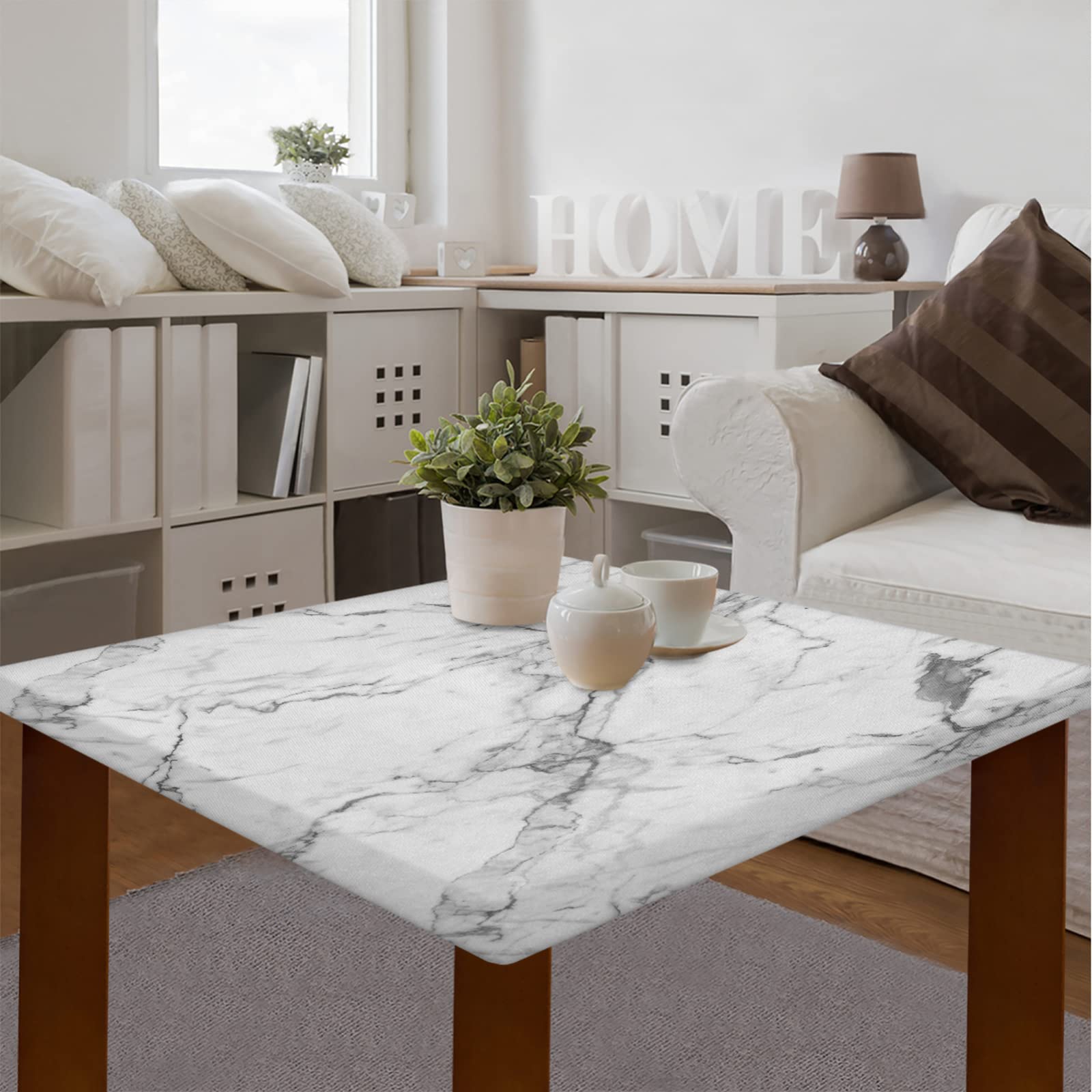 White Gray Marble Square Tablecloth with Elastic Edge - Waterproof Wipeable Modern Art Fitted Table Cover for Dining Kitchen Party (46x46 Inch) - Perfect for Indoor Outdoor Patio Tables, Weddings & Holiday Decor
