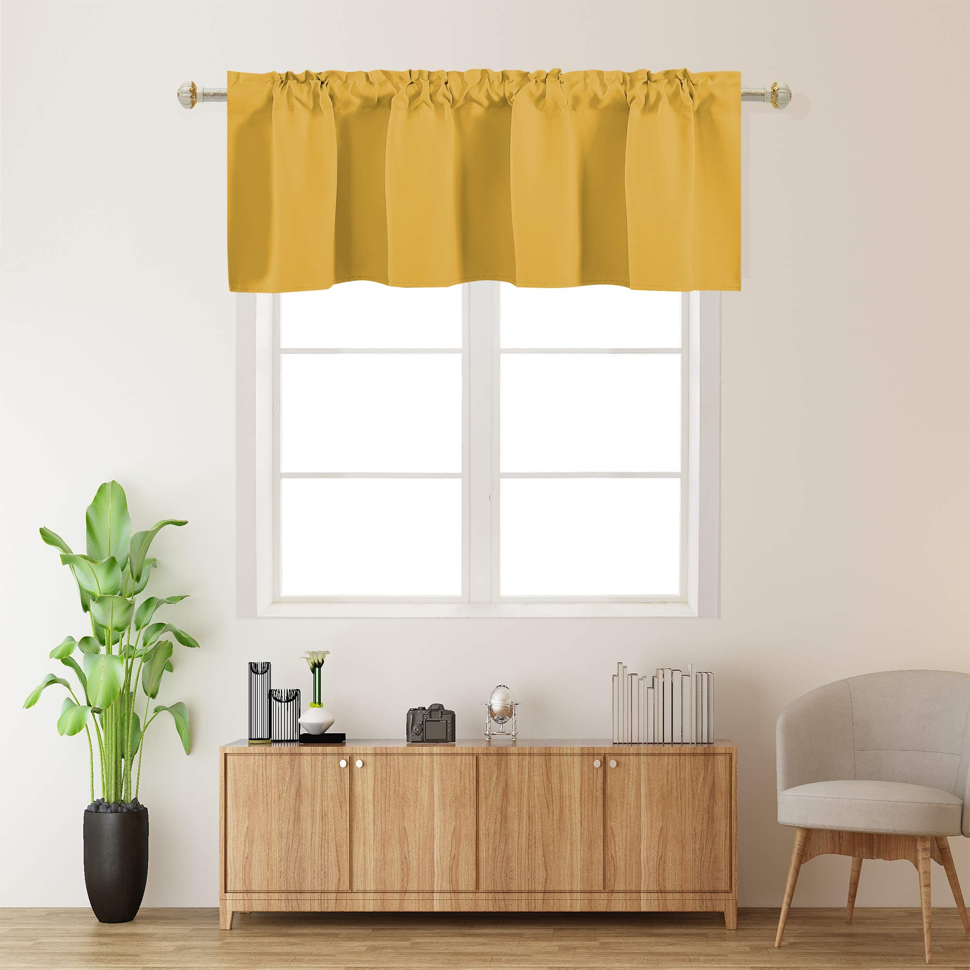 Blackout Valance Curtain for Kitchen & Nursery - 42x18 Inch Darkening Window Treatment with Rod Pocket - Gold Yellow Solid Valances for Girls & Boys Bedroom, Loft, Small Windows - Perfect for Light Control & Room Decor