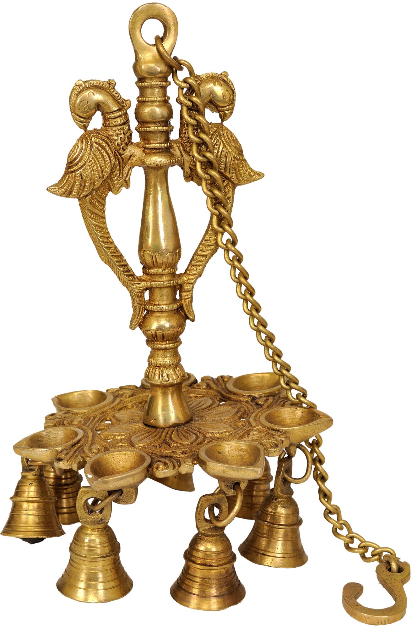 Mayura Brass Hanging Lamp with Bells - Handcrafted Peacock Sculpture Home Decor for Living Room, Bedroom & Meditation Spaces