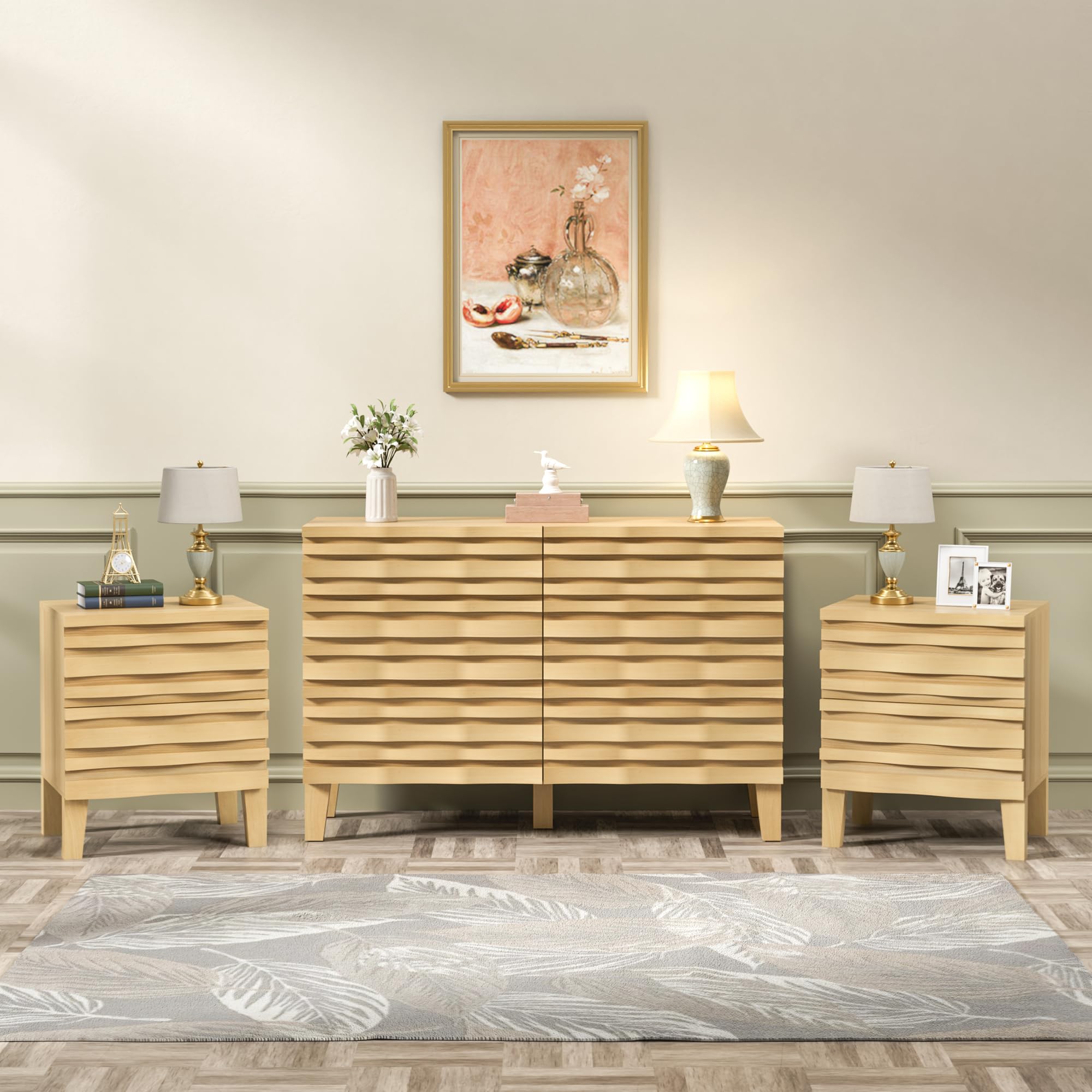 Mid Century Modern 6-Drawer Dresser and Nightstand Set - Solid Wood Bedroom Furniture with Fluted Design & Moire Pattern - Ivory White Storage Set for Master Bedroom, Guest Room, or Apartment