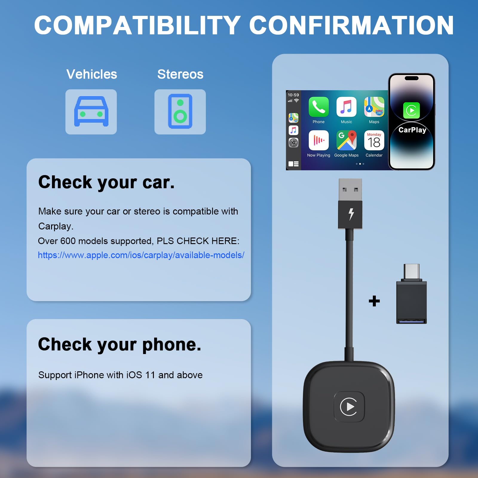 Wireless CarPlay Adapter for iPhone - Upgrade Wired to Wireless CarPlay Instantly, Plug & Play, Compatible with iOS - Perfect for Commuting, Road Trips & Hands-Free Driving