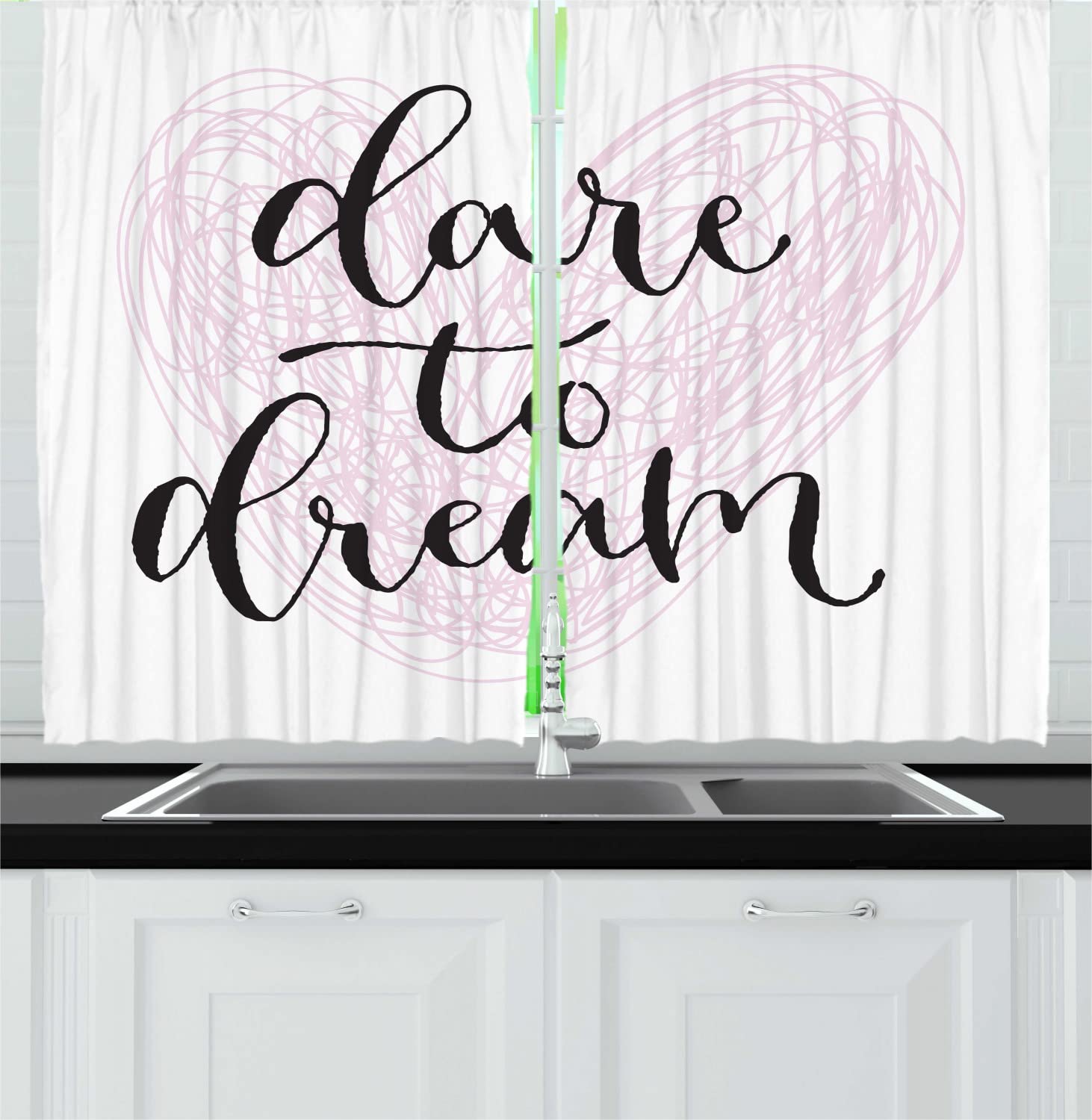 Ambesonne Dream Long Kitchen Curtains - Hand Drawn Heart & Childish Line Pattern Blackout Drapes, 55