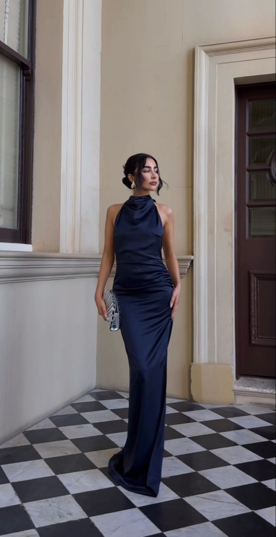 Elegant Navy Blue Halter Formal Party Dress - Satin Sheath Wedding Guest Dress J6468 | Perfect for Cocktail Parties, Evening Events & Special Occasions