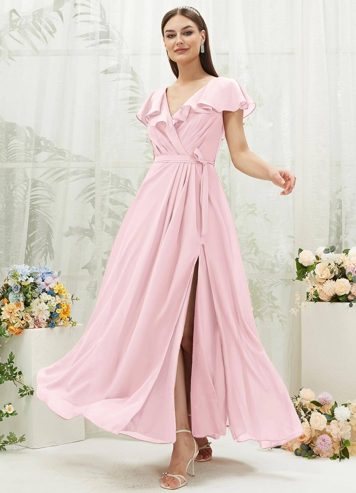 Elegant Blush Chiffon Bridesmaid Dress with Ruffle Sleeves & V-Neck - Perfect for Weddings, Formal Events & Special Occasions