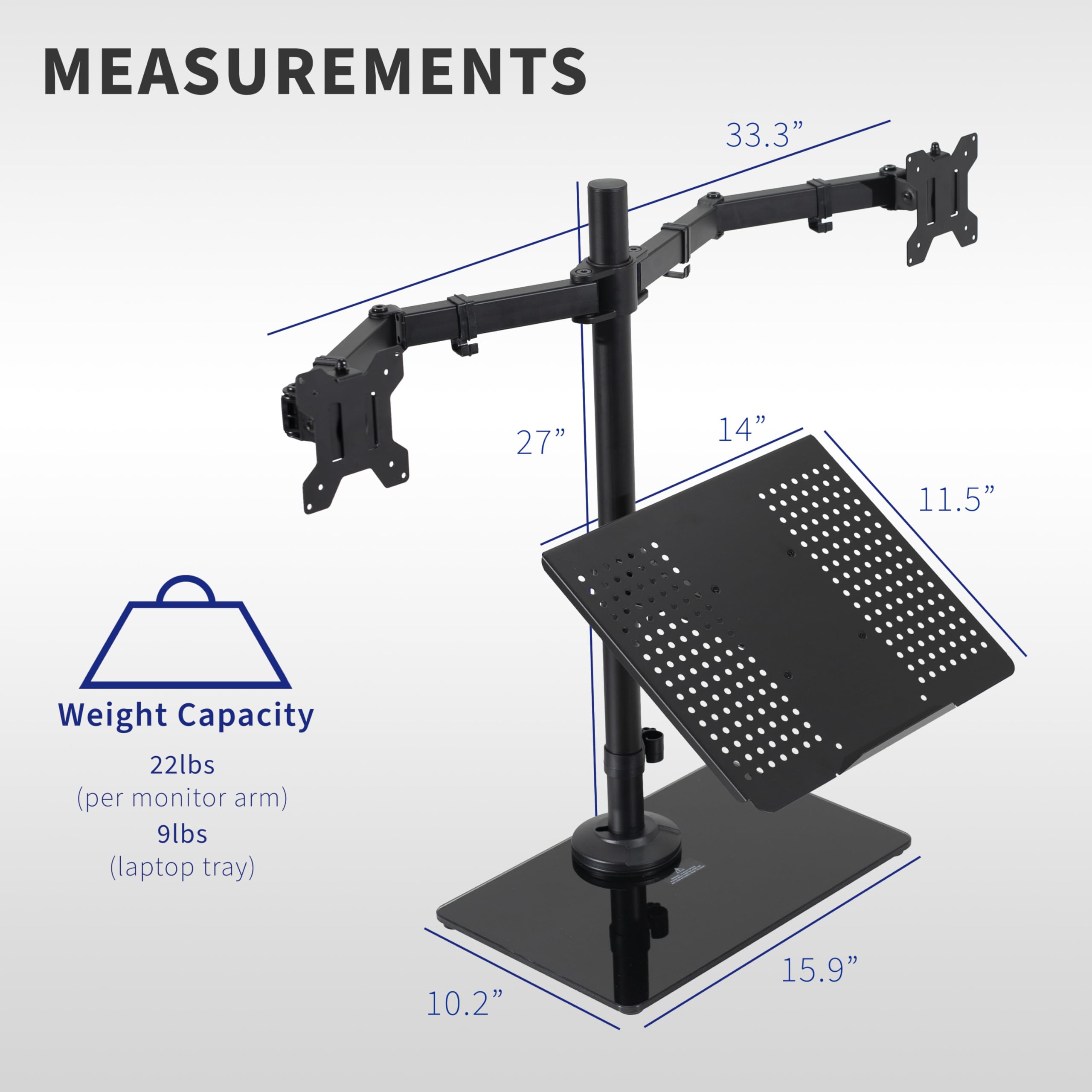 VIVO Dual Monitor and Laptop Stand with Glass Base - Adjustable Freestanding Desk Mount for 32 inch Screens & 17 inch Laptops, Black (STAND-V003FGL) - Perfect for Home Office, Gaming Setup, and Workspace Organization