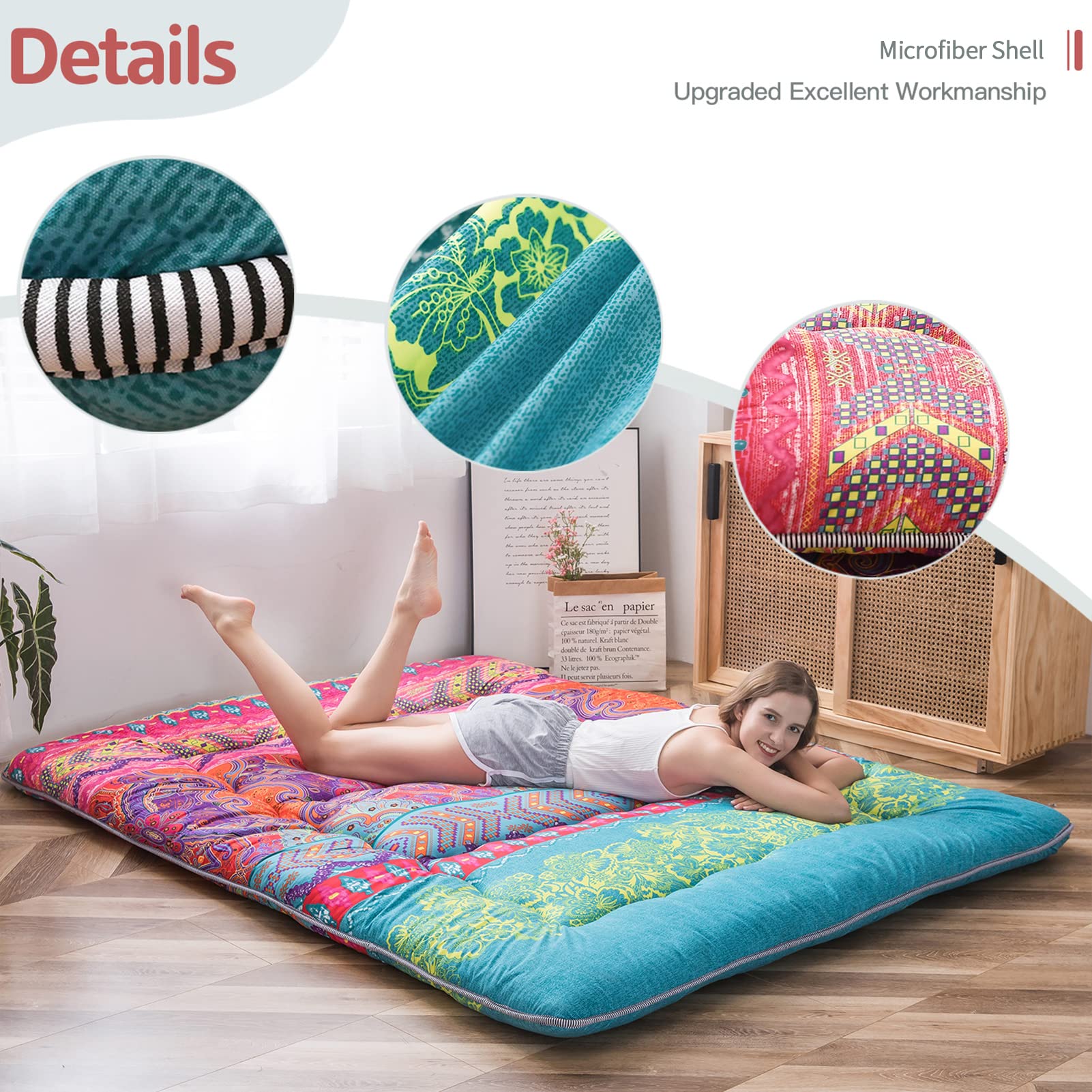 Bohemian Retro Floor Mattress - Japanese Futon Mattress with Floral Design for Bedroom, Living Room & Guest Room | Comfortable Floor Sleeping Pad for Yoga, Meditation & Camping
