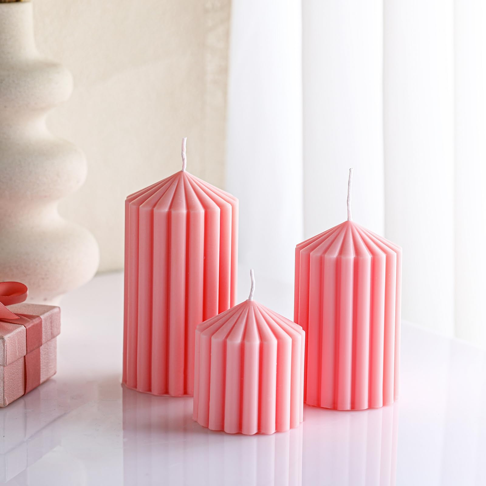 Soy Wax Ribbed Pillar Candles Set of 3 - 2.8 to 5.1 Inches, Pink for Home Decor & Gifts