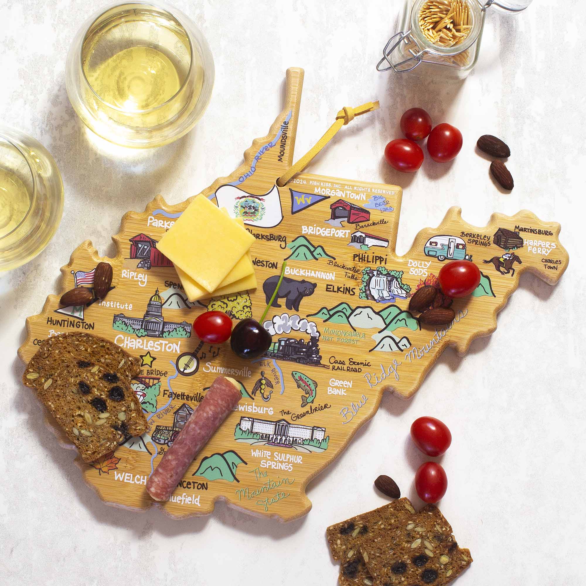 Premium West Virginia Wooden Cutting Board with Fish Kiss™ Artwork - Durable Kitchen Essential for Chopping, Serving & Decor - Perfect for Home Chefs & Gift Giving