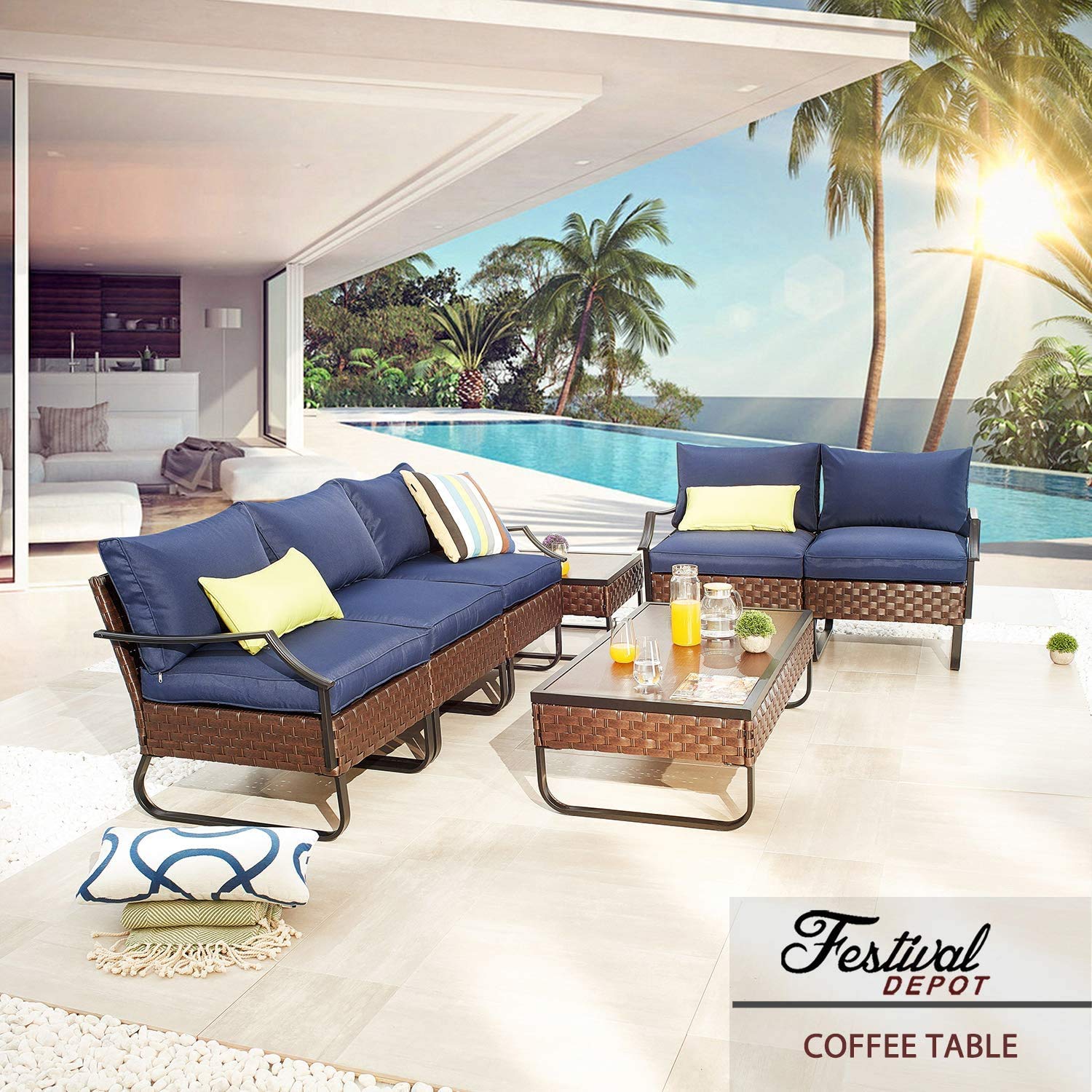 **Festival Depot Patio Table - Brown Rattan Woven Wicker Coffee Table with Aluminum Tabletop, All-Weather Outdoor Furniture for Backyard, Porch, Garden (U-Shaped Leg) - Perfect for Relaxing, Entertaining & Outdoor Dining**