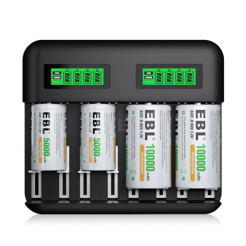 EBL C9008 LCD Battery Charger for C & D Rechargeable Batteries - Fast Charging, Smart Detection - Perfect for Flashlights, Toys, and Home Electronics