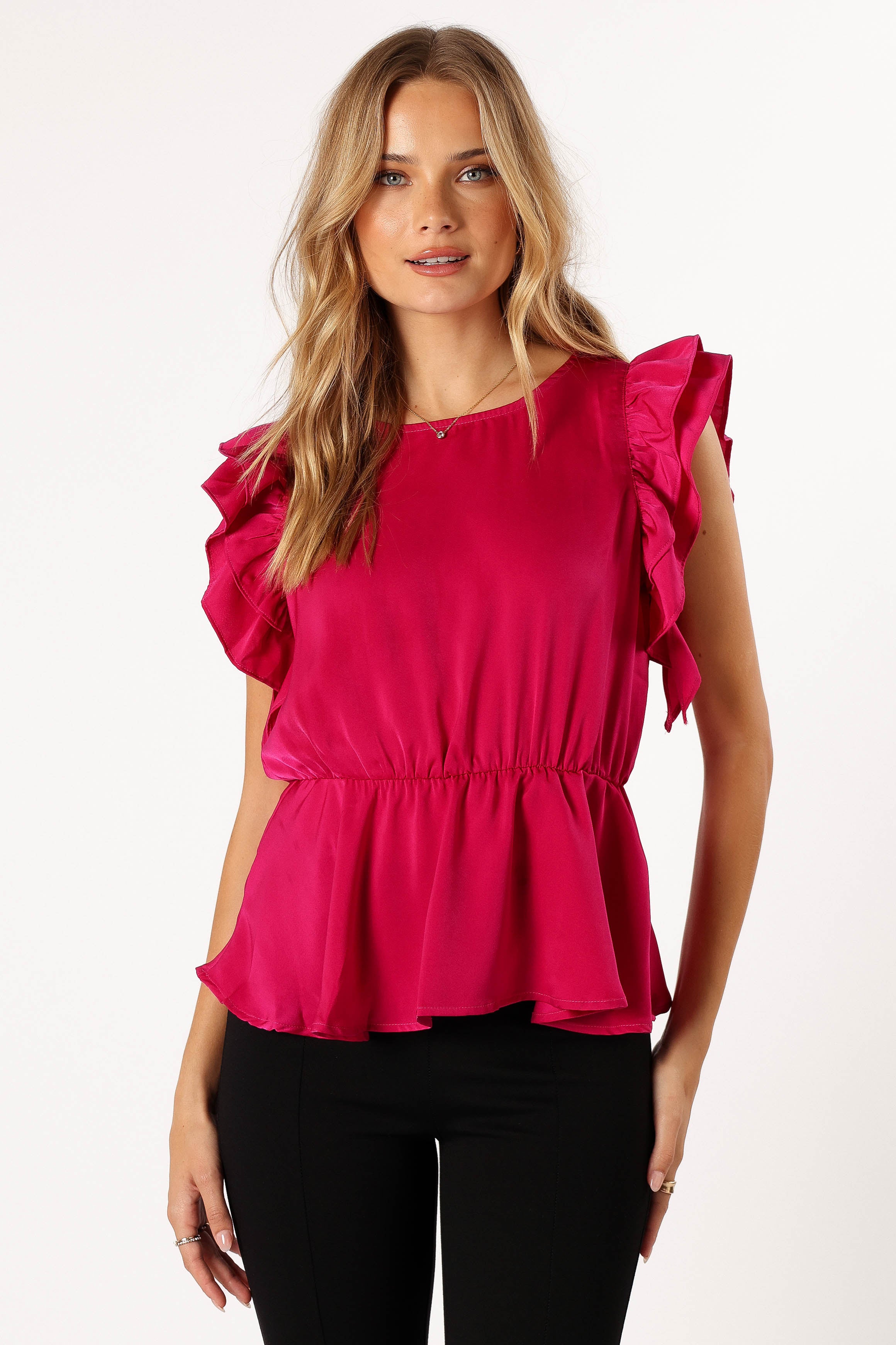 Amelia Ruffle Top Women's Blouse - Fuchsia Pink Floral Print Summer Casual Shirt for Date Night & Office Wear