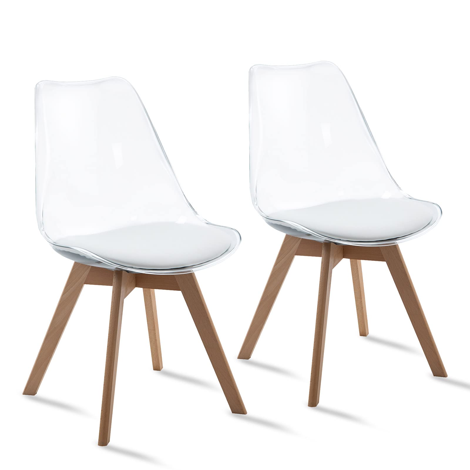 ANOUR Modern Acrylic Dining Chairs Set of 2 - Clear Transparent PU Leather Cushion Seats with Sturdy Beech Wood Legs - Perfect for Kitchen, Living Room, Bedroom & Small Space Dining Areas