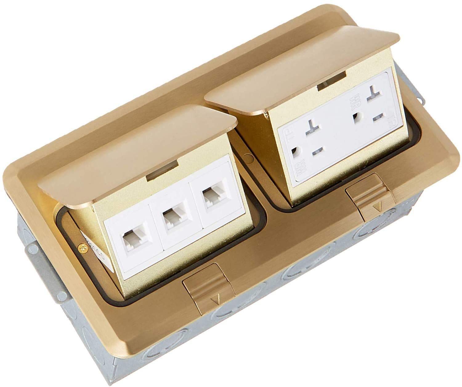 ENERLITES Dual Pop-Up Floor Box Kit with 20A Tamper-Resistant & Weatherproof Outlets, RJ45 Data Ports - 8.68