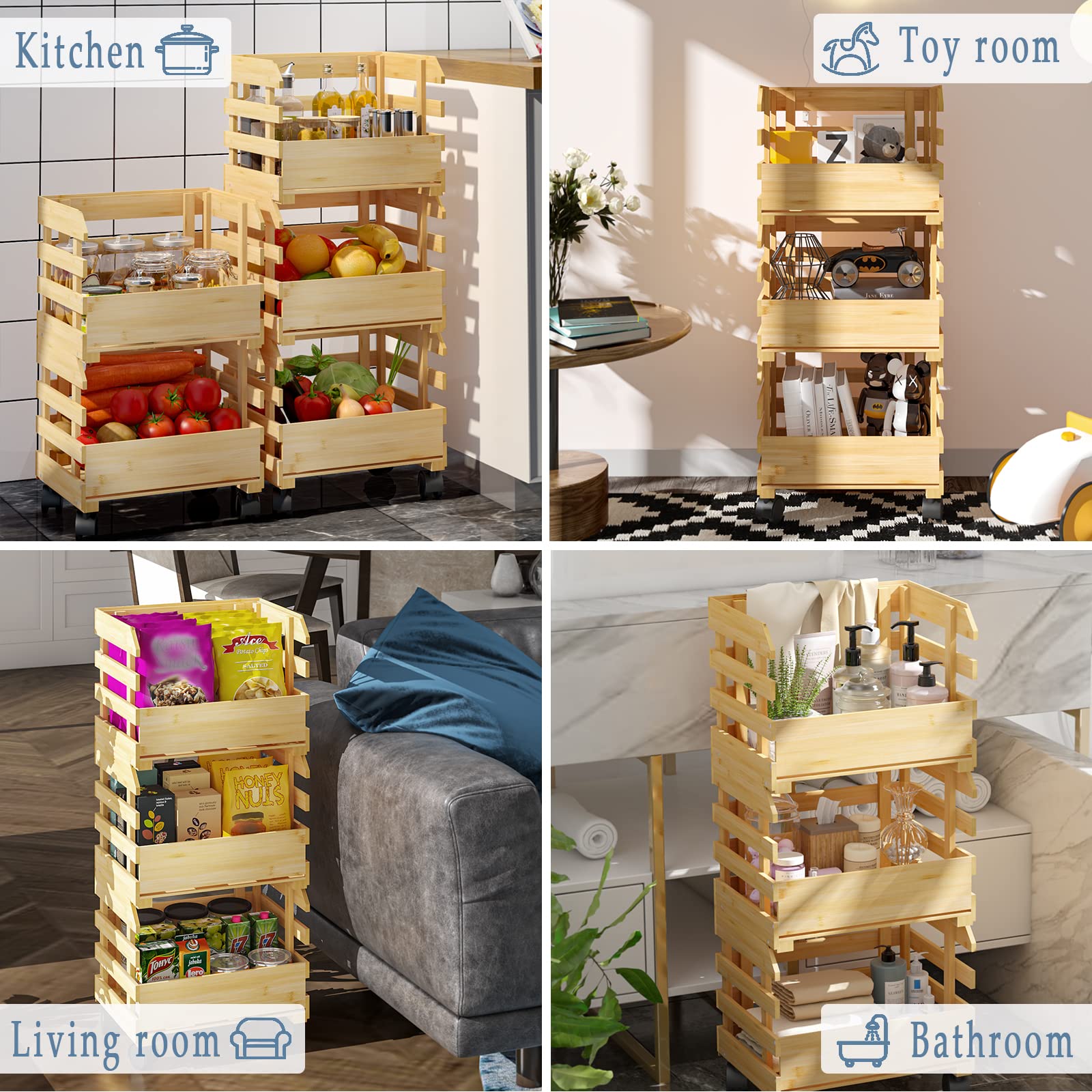 3-Tier Bamboo Fruit Basket for Kitchen Counter - Detachable Large Storage Organizer for Fruits, Vegetables, Snacks & Bread | Perfect for Pantry, Dining Room & Small Space Organization