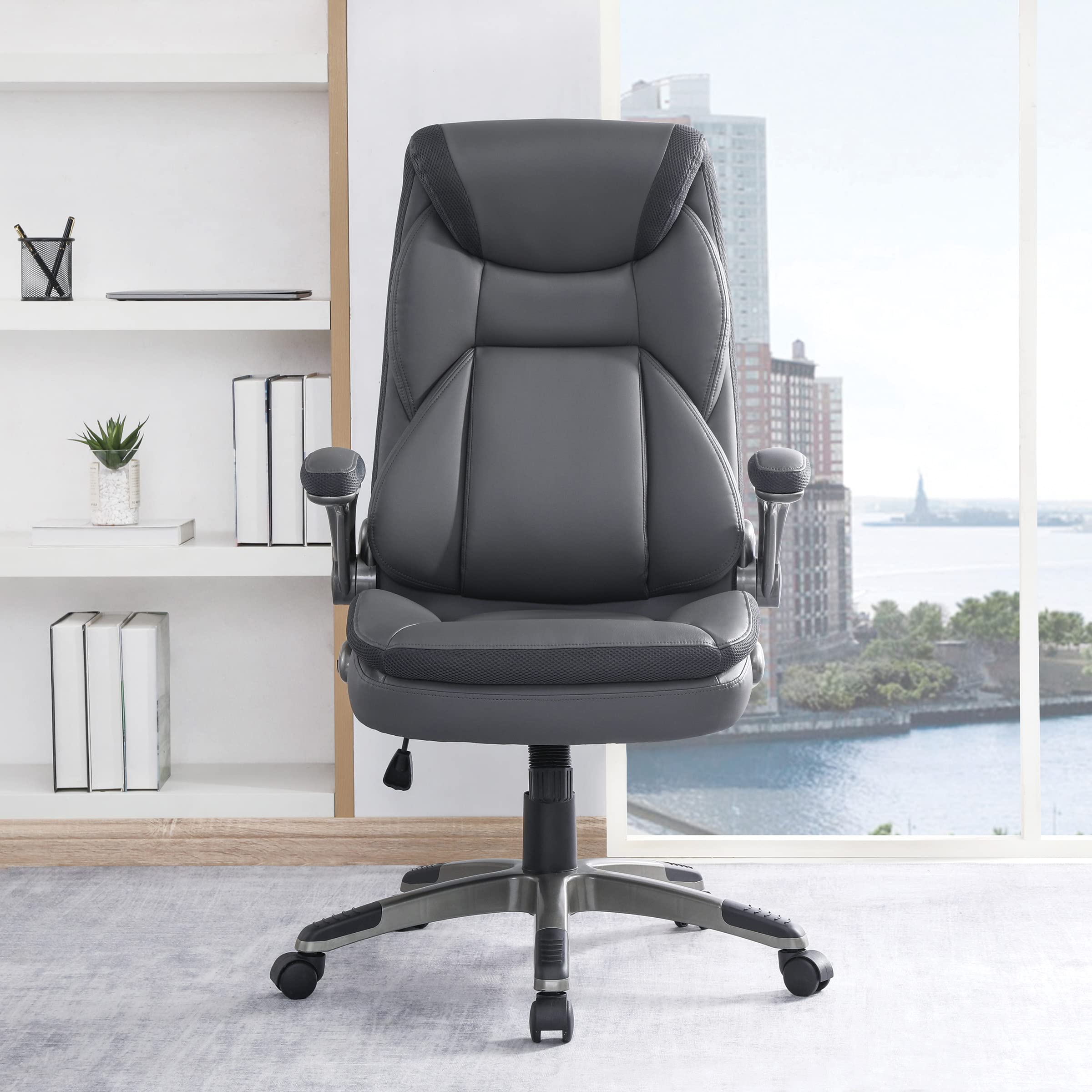 Office Star ECH Series Executive Bonded Leather Office Chair with Lumbar Support & Adjustable Arms - Charcoal with Titanium Base - Ergonomic Desk Chair for Home Office & Workspace