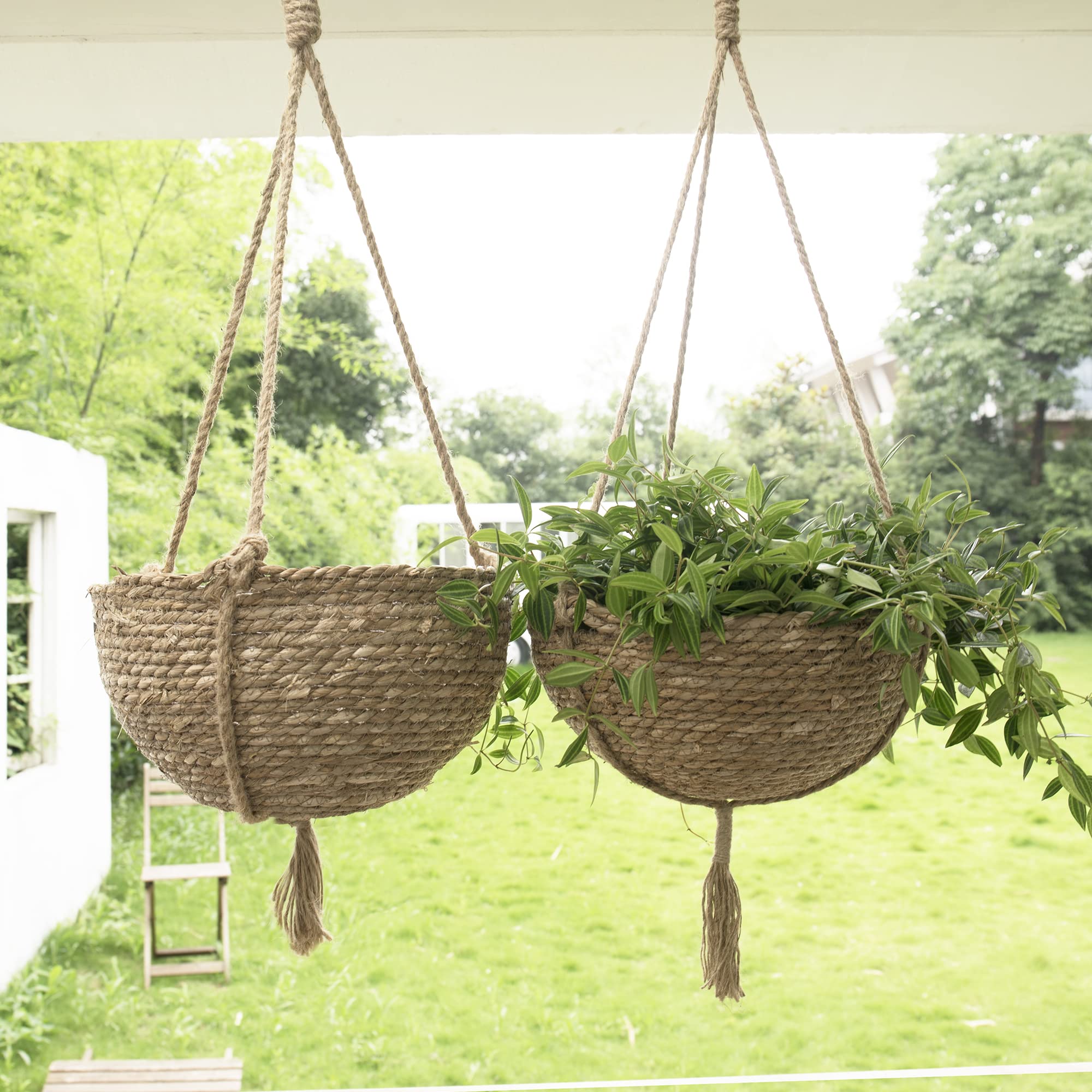 Natural Seagrass Hanging Planter Basket Set - 2 Pack Boho Indoor Plant Pots with Covers, 12.4