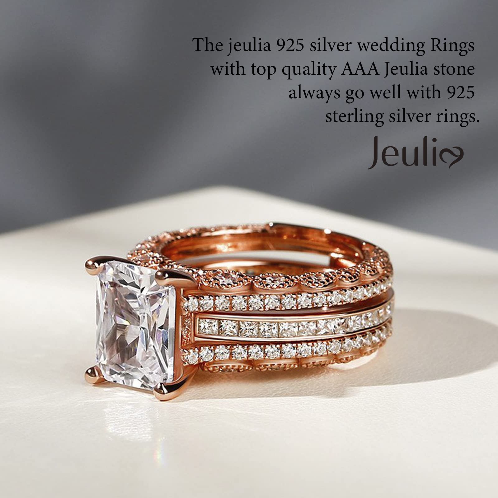 Jeulia 3PC Radiant Cut CZ Diamond Engagement Ring Set - Wedding Promise Anniversary Rings with Side Stones, Romantic Jewelry Gift for Women - Perfect for Proposals, Anniversaries & Special Occasions