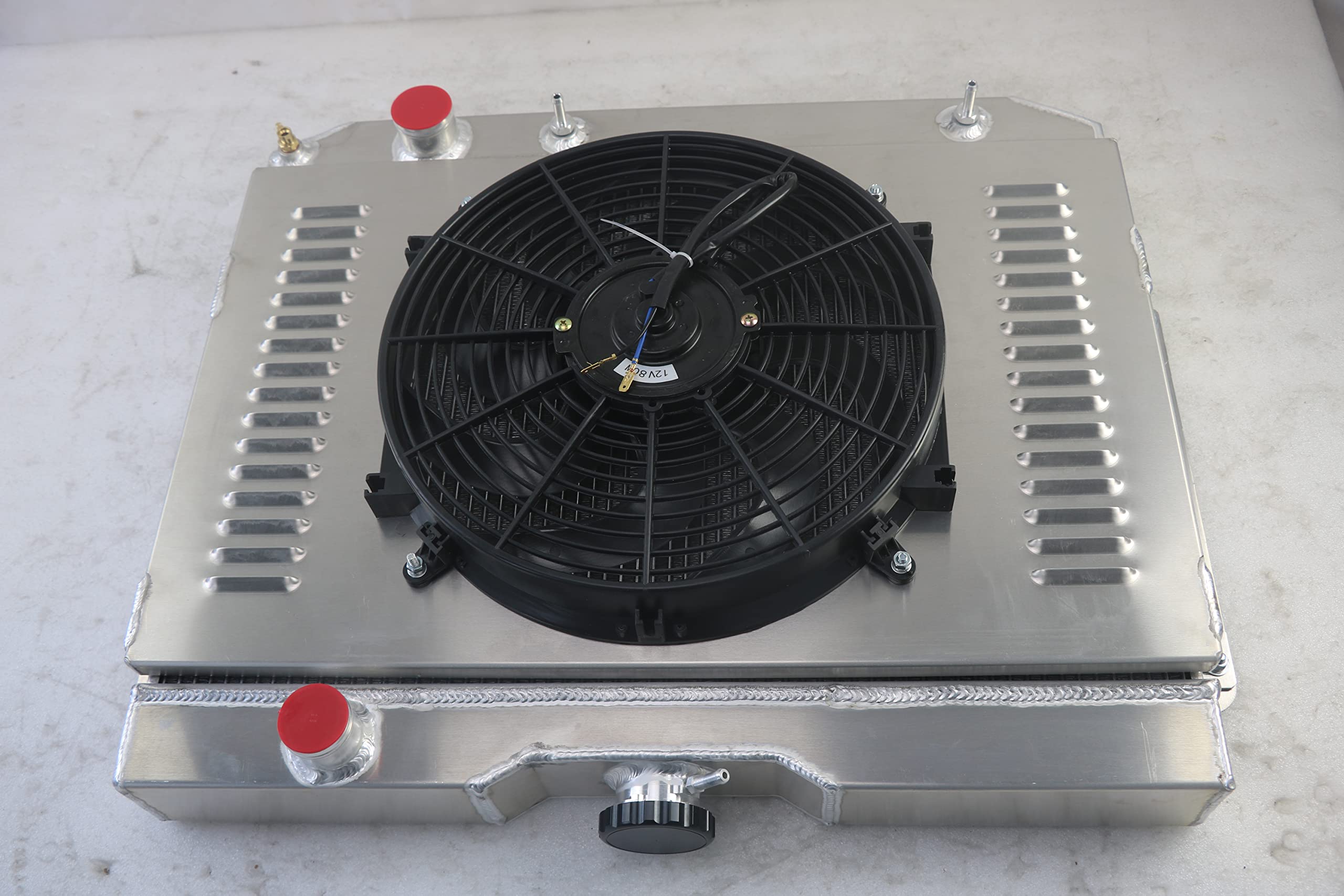 62MM 4-Row Aluminum Radiator Replacement for 1959-1965 Chevy Impala, El Camino, Bel Air, Biscayne - Includes Electric Fan Shroud & Thermostat Kit | High-Performance Cooling for Classic Car Restoration & Hot Rod Upgrades