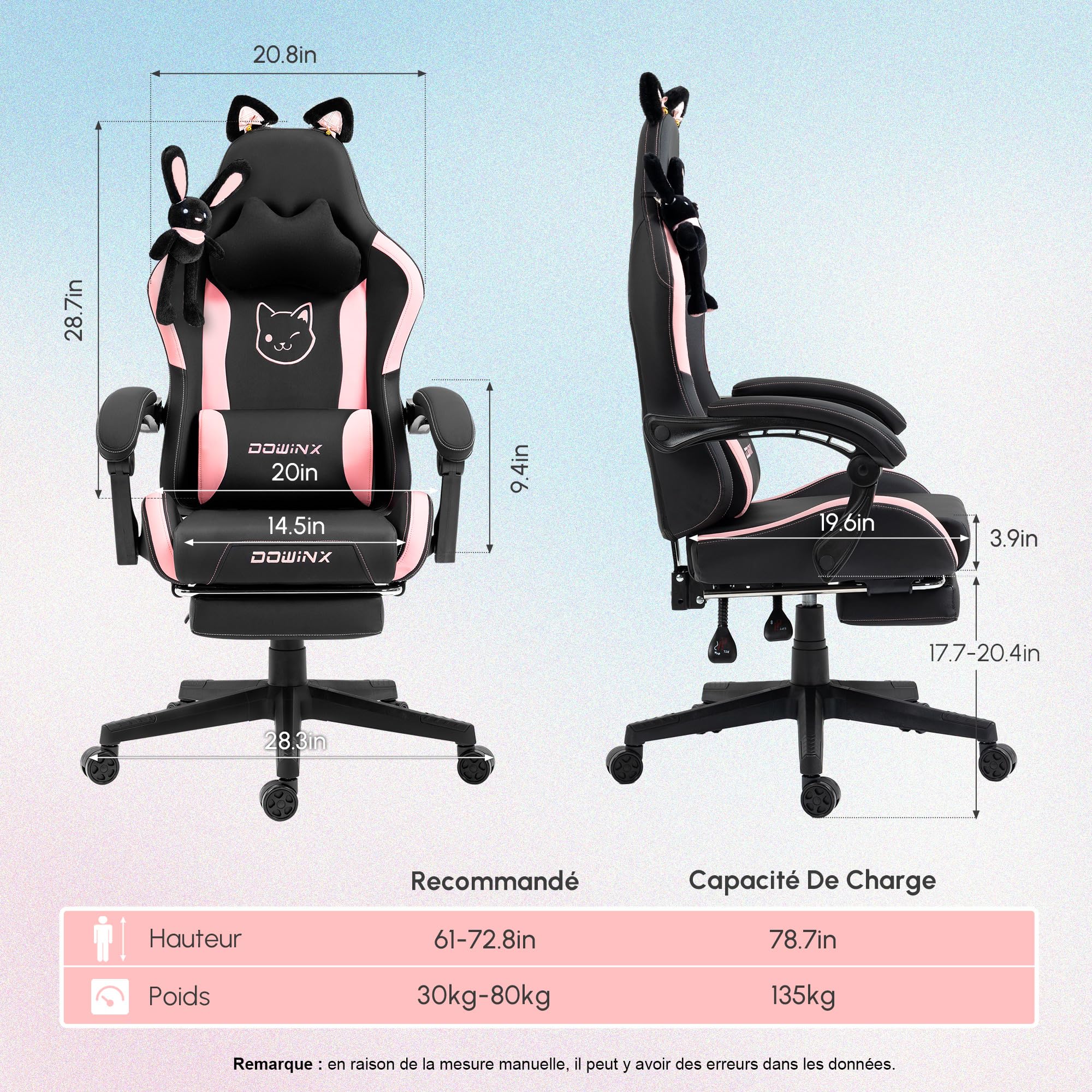 Dowinx Sweet Cat Edition Ergonomic Gaming Chair - High Back PU Leather Computer Chair with Lumbar Support & Footrest, Black - Perfect for Gaming, Office Work & Home Comfort