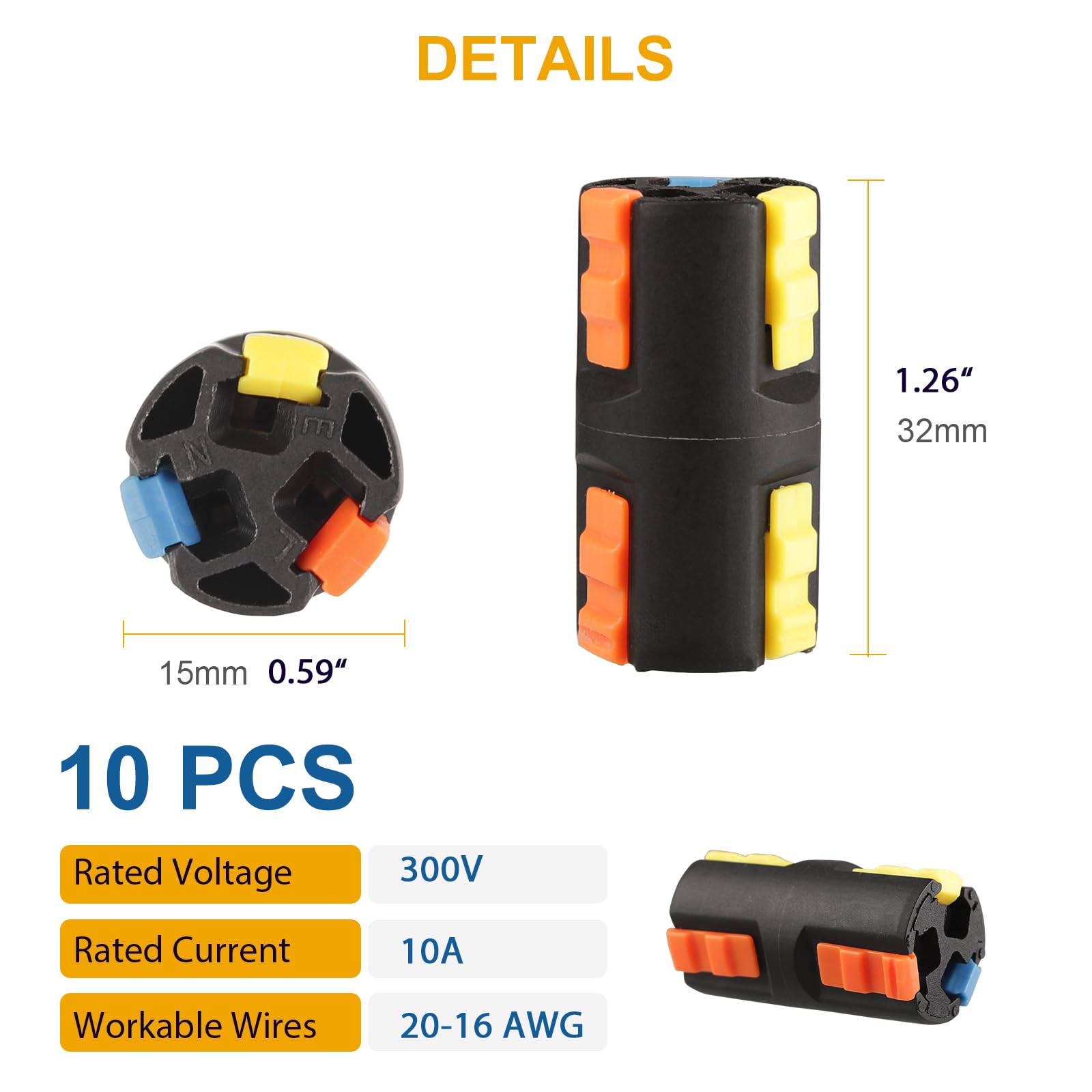 Brightfour 3-Port Lever Wire Connectors - Reusable Automotive Electrical Connectors for AWG 16-20 Wires (Black, 10 Pack) - Ideal for Car Wiring, Home Appliances & DIY Electrical Projects