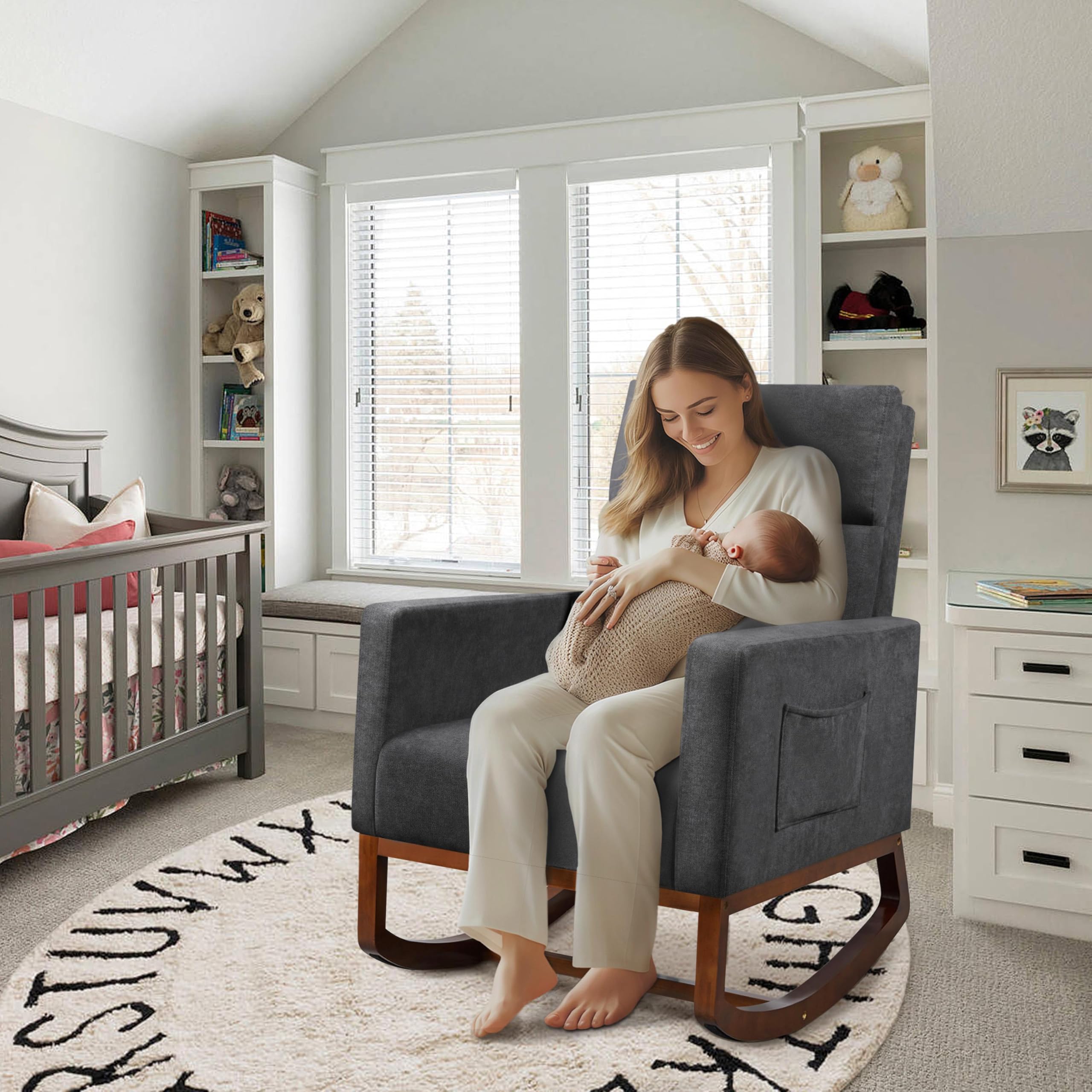 Yaheetech Upholstered Glider Rocking Chair with Side Pocket - High Back Nursery Chair with Rubber Wood Legs - Comfortable Accent Armchair for Living Room, Bedroom & Nursery (Gray) - Perfect for Nursing, Reading & Relaxing