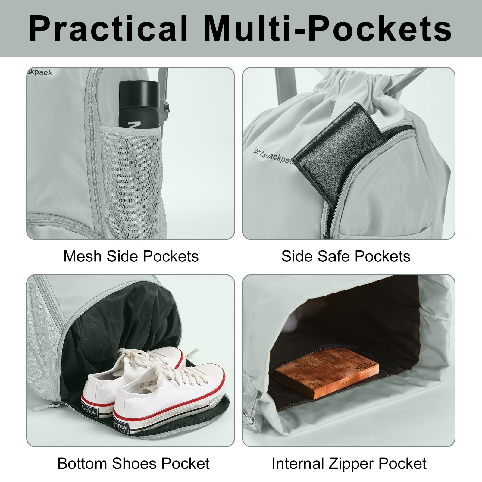 Light Green Drawstring Backpack - Water-Resistant Sports Gym Bag with Shoe Compartment & Side Mesh Pockets - Large Capacity String Backpack for Men & Women - Perfect for Gym, Travel, Hiking & Outdoor Activities
