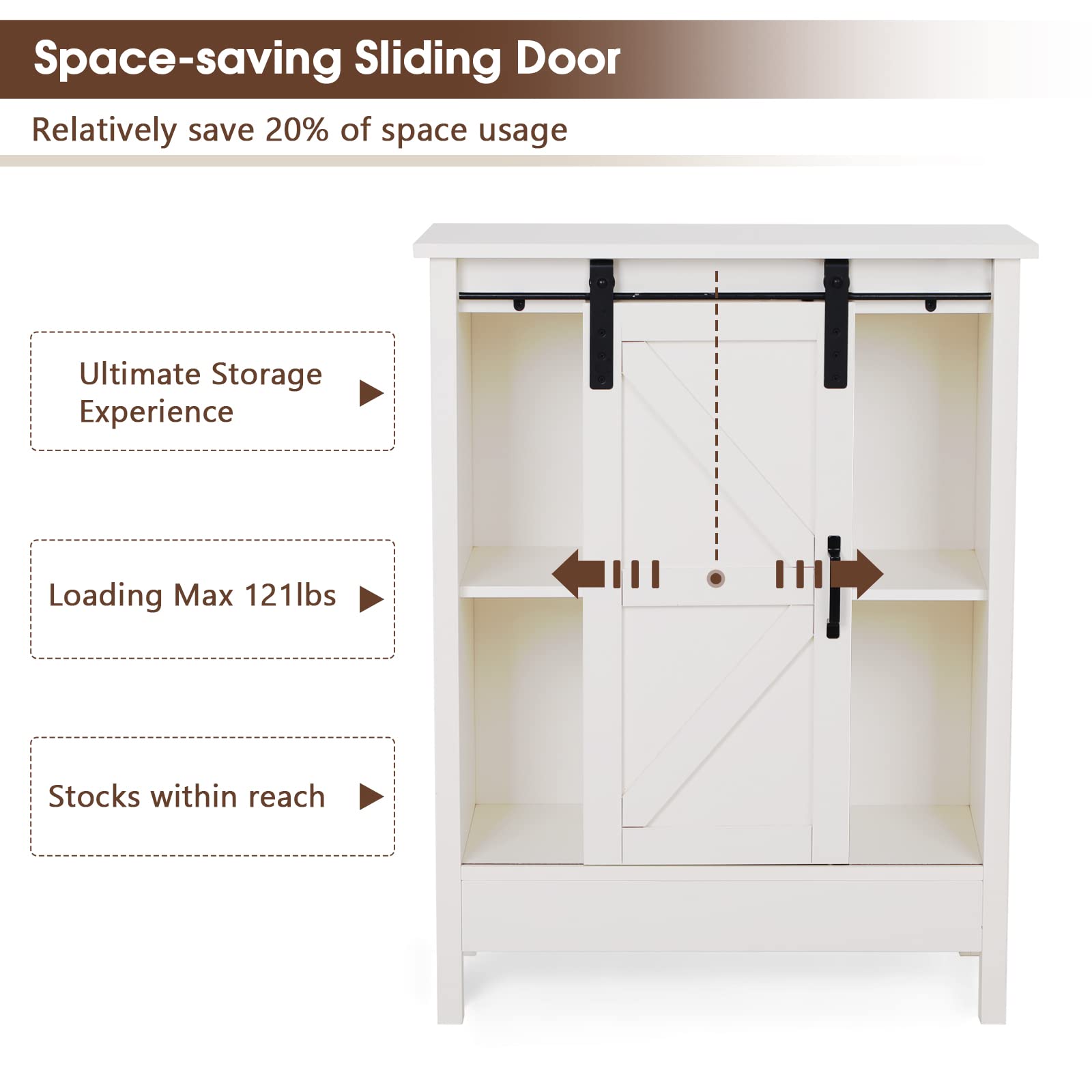 Farmhouse Style Sliding Barn Door Bathroom Floor Storage Cabinet - Creamy White Buffet & Sideboard for Living Room, Kitchen, Bedroom | Rustic Home Organization & Decor