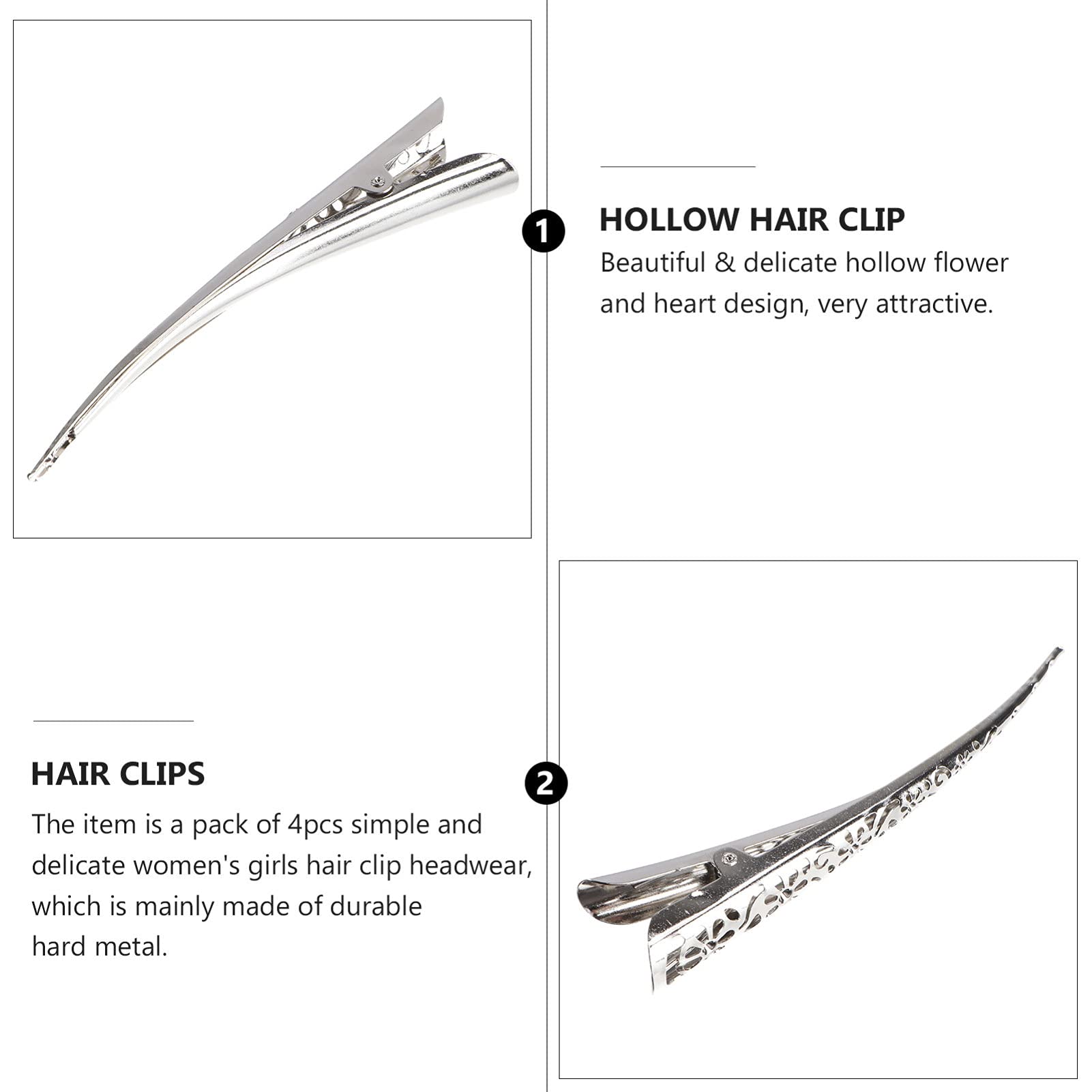 4PCS Hollow Metal Alligator Hair Clips for Women & Girls - Silver Hair Accessories without Teeth for Curling, Styling & Everyday Use