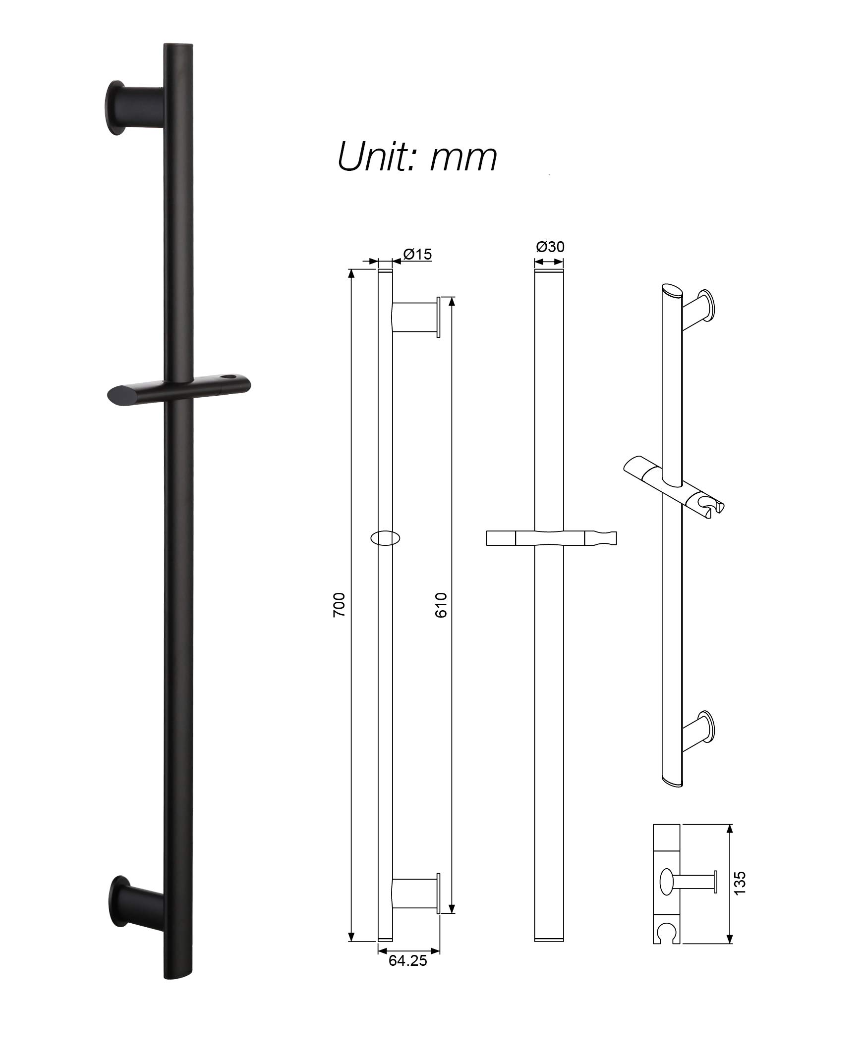 Kelica Matte Black Solid Wall Mount Brass Hand Shower Slide Bar - Adjustable Handheld Shower Head Holder for Bathroom, Spa & RV Use