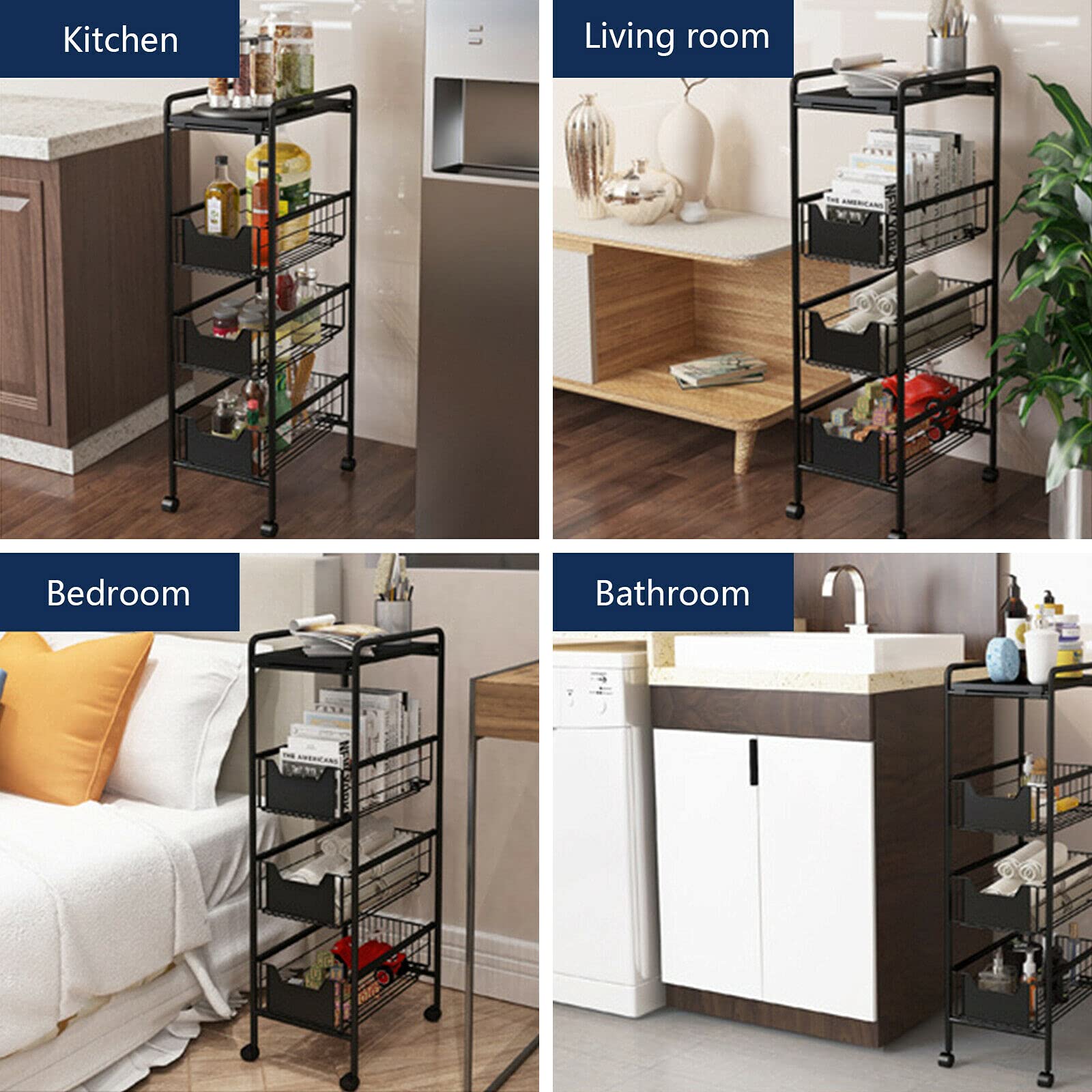 4-Tier Metal Rolling Storage Cart with Wheels & Handle - Slim Narrow Organizer Tower for Kitchen, Bathroom, Laundry - Mobile Utility Shelving Unit for Spice Racks, Pantry Storage & Bathroom Essentials