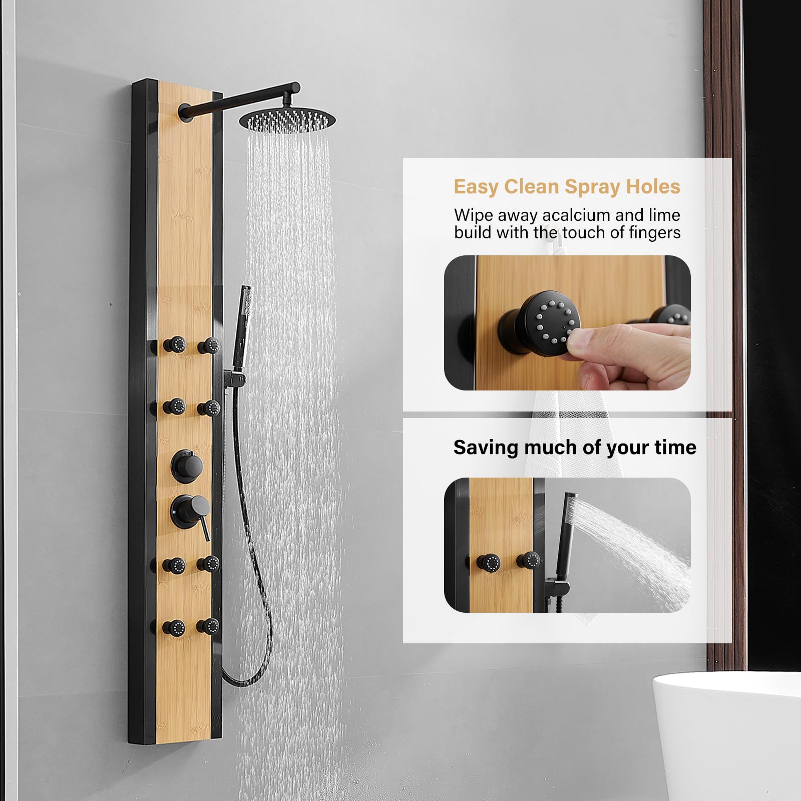 Premium Black Shower Tower with Natural Wood Accents - 304 Stainless Steel Shower Panel System Featuring 8-inch Rainfall Showerhead & 4 Massage Body Jets - Perfect for Home, Hotel, and Luxury Bathroom Renovations - Creates Spa-like Experience for Relaxation and Refreshment