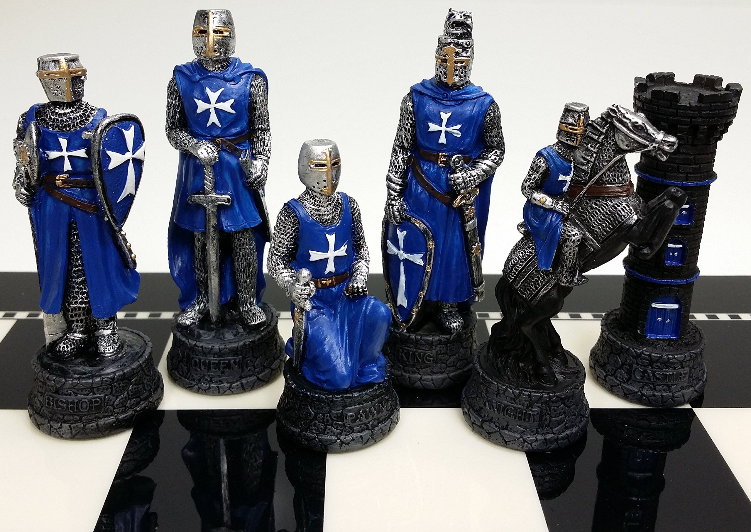 Hand-Painted Medieval Crusades Themed Chess Set - Red & Blue Pieces with Glossy Black & White Board | Perfect for History Enthusiasts & Strategy Game Lovers