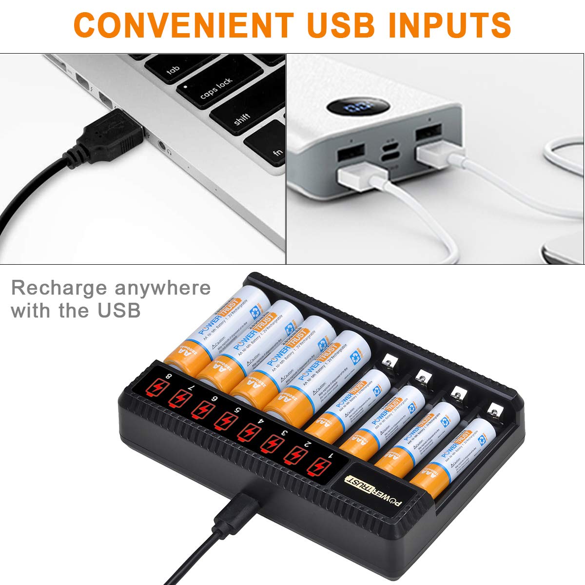 PowerTrust 8 Bay Fast Smart Battery Charger for AA AAA Ni-MH Ni-CD Rechargeable Batteries - Individual LCD Display & Quick Charge - Perfect for Cameras, Toys, Flashlights & Home Electronics
