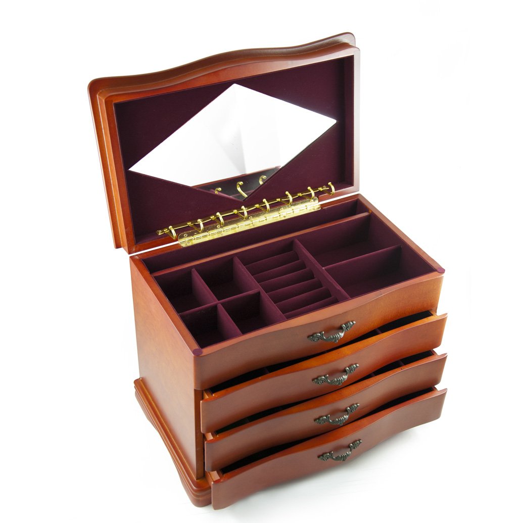 Stylish 4-Tier Burl Wood Jewelry Organizer Box with Mirror - Perfect for Necklaces, Rings & Earrings Storage | Bedroom Vanity & Travel Jewelry Case