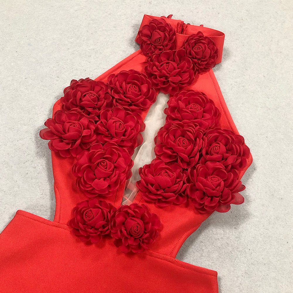 Elegant Red Halter 3D Flower Hollow Out Backless Maxi Dress for Summer Beach Party, Wedding Guest, and Evening Events