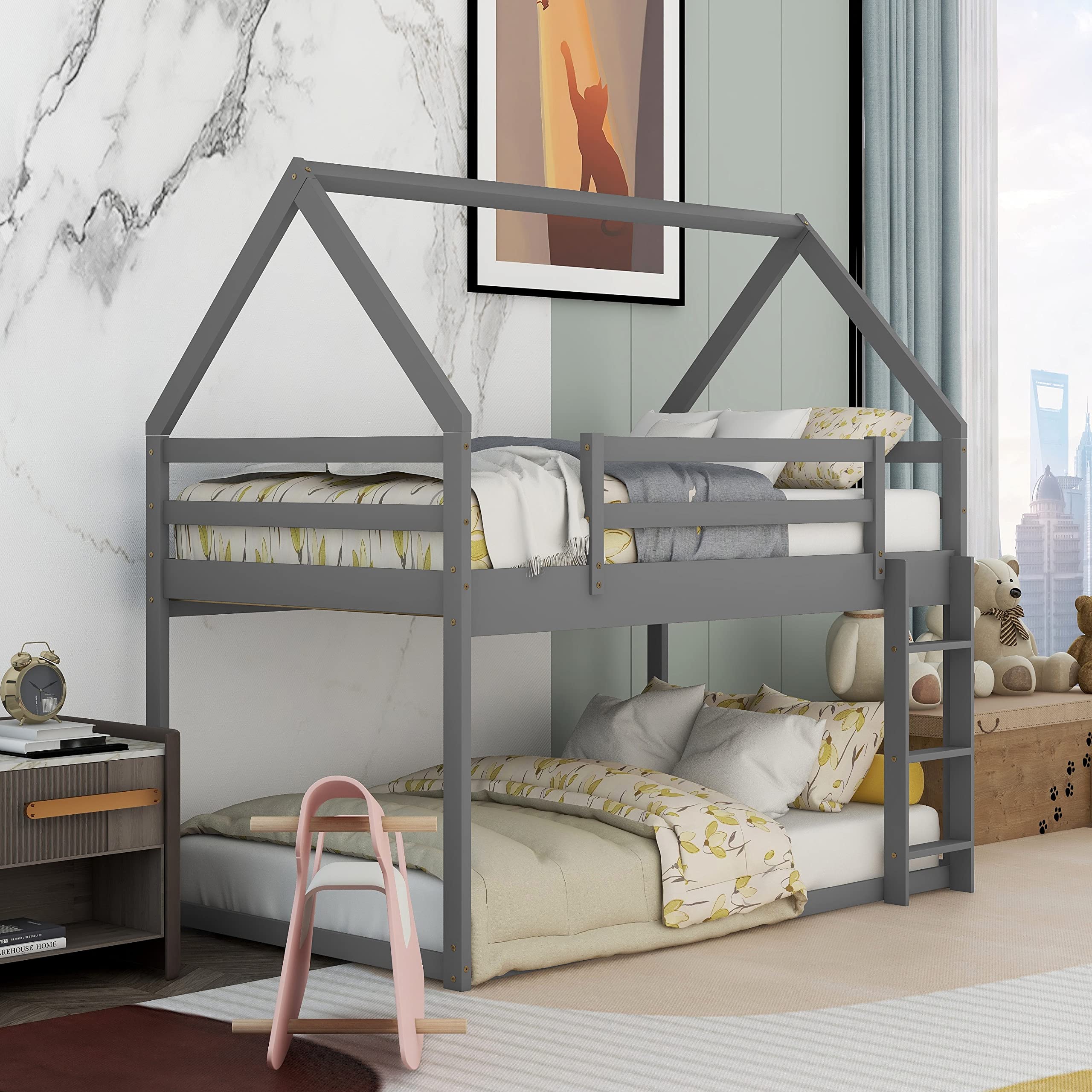 Wooden House Bunk Bed Twin Over Twin with Ladder - Kids Bunk Bed Frame for Boys & Girls, Toddler to Teens - Grey | Space-Saving Loft Bed for Small Bedrooms & Shared Kids Rooms