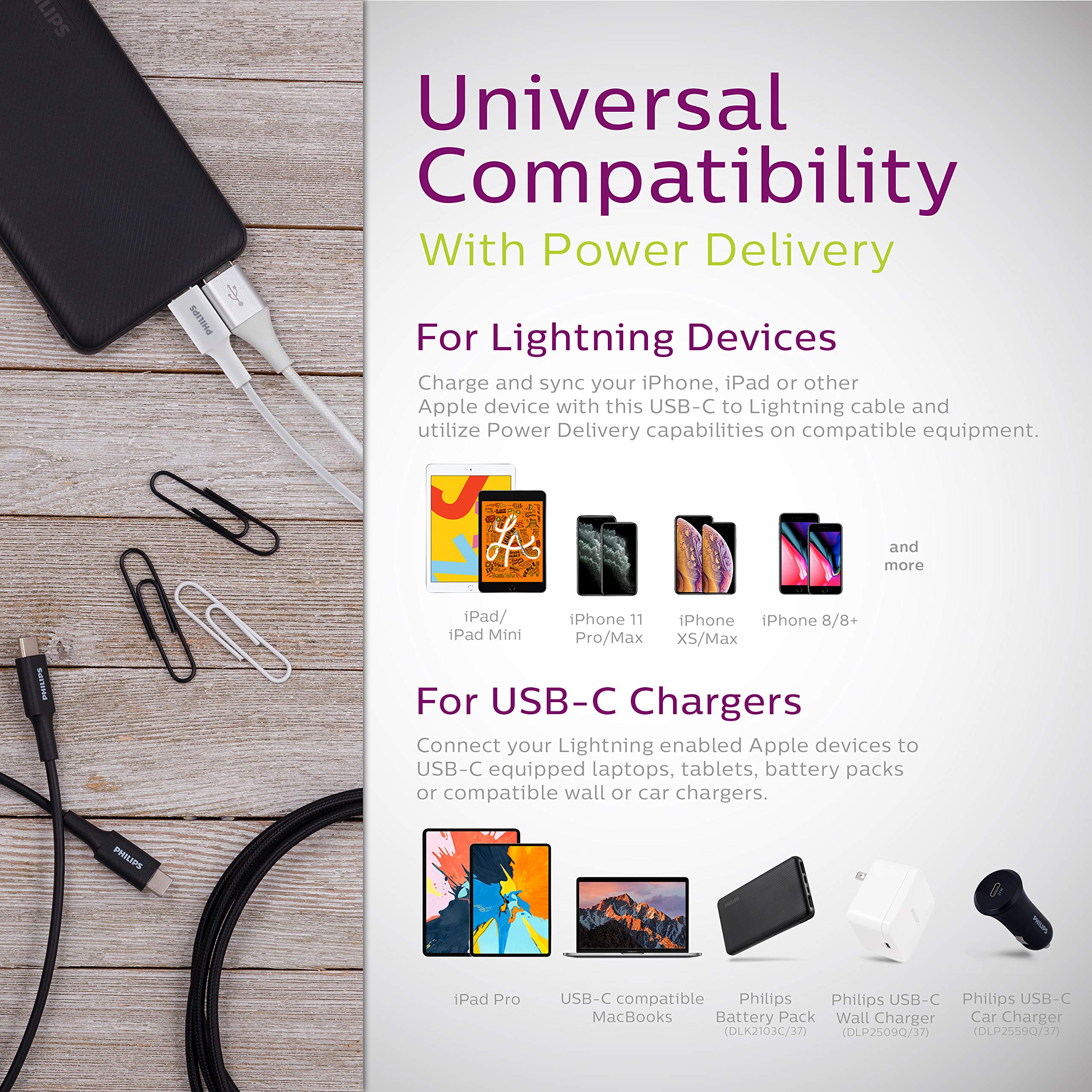 Philips 4ft USB C to Lightning Cable - Fast Charging Cord for iPhone 14/13/12 Series & AirPods Pro | Durable White iPhone Charger (DLC4202V/37) | Perfect for Home, Office & Travel Charging